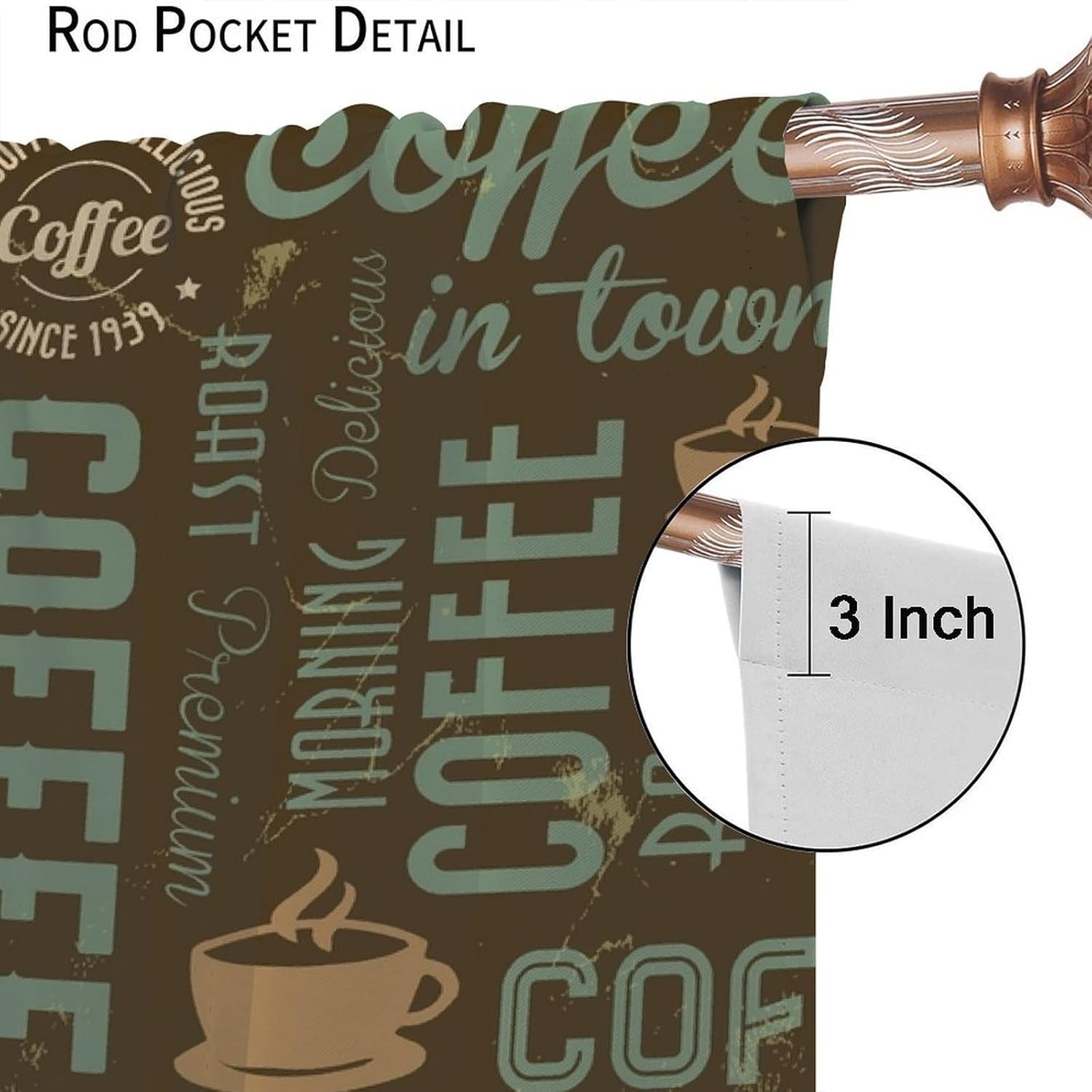 Vintage Rustic Kitchen Curtains Brown Green Retro Coffee Cups Printed Bedroom Living Room Cafe Blackout Rod Pocket Decoration Window Drapes 2 Panels W21xL45in