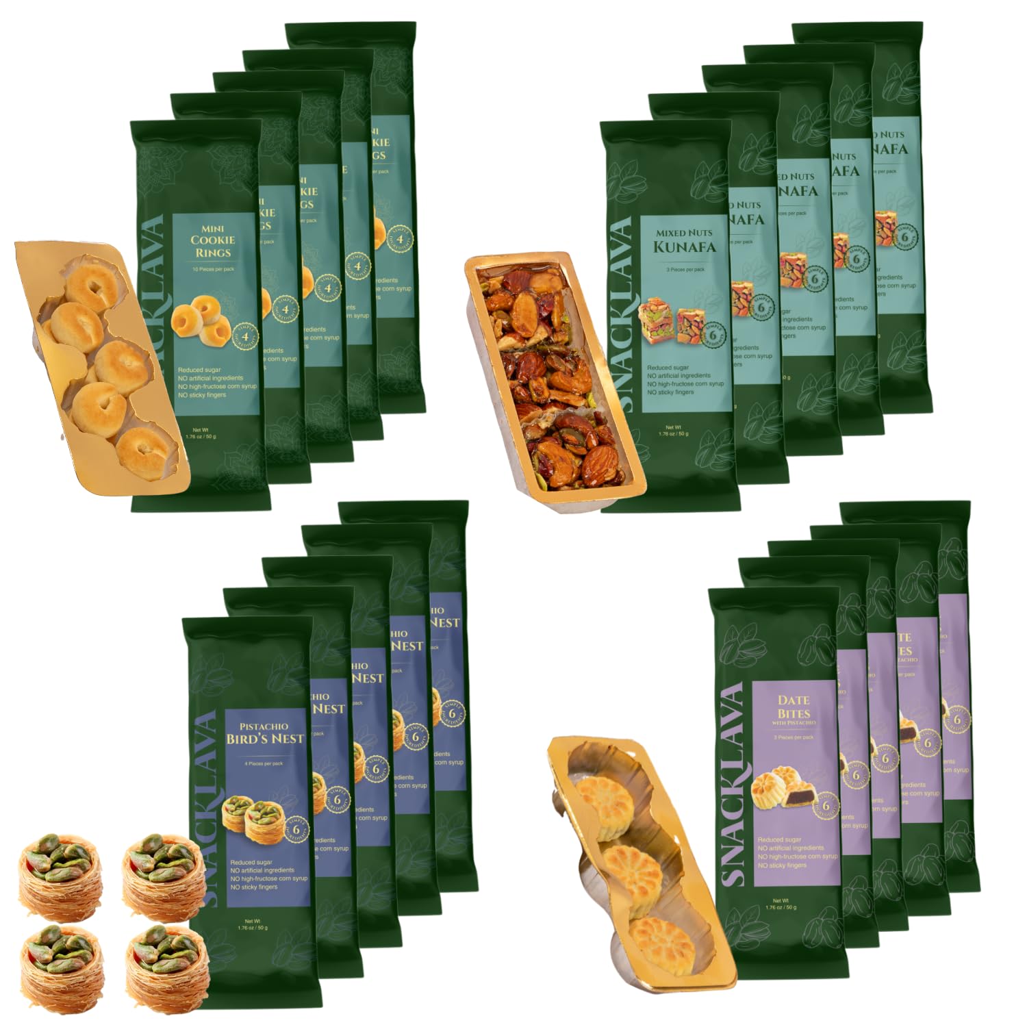 Snacklava Crunch & Melt Variety Pack (100 Pieces) - 5 Pistachio Bird's Nest (20 Pieces), 5 Mini Cookie Rings (50 Pieces), 5 Mixed Nuts Kunafa (15 Pieces), 5 Date Bites (15 Pieces) - No Artificial Ingredients, Colors or Preservatives