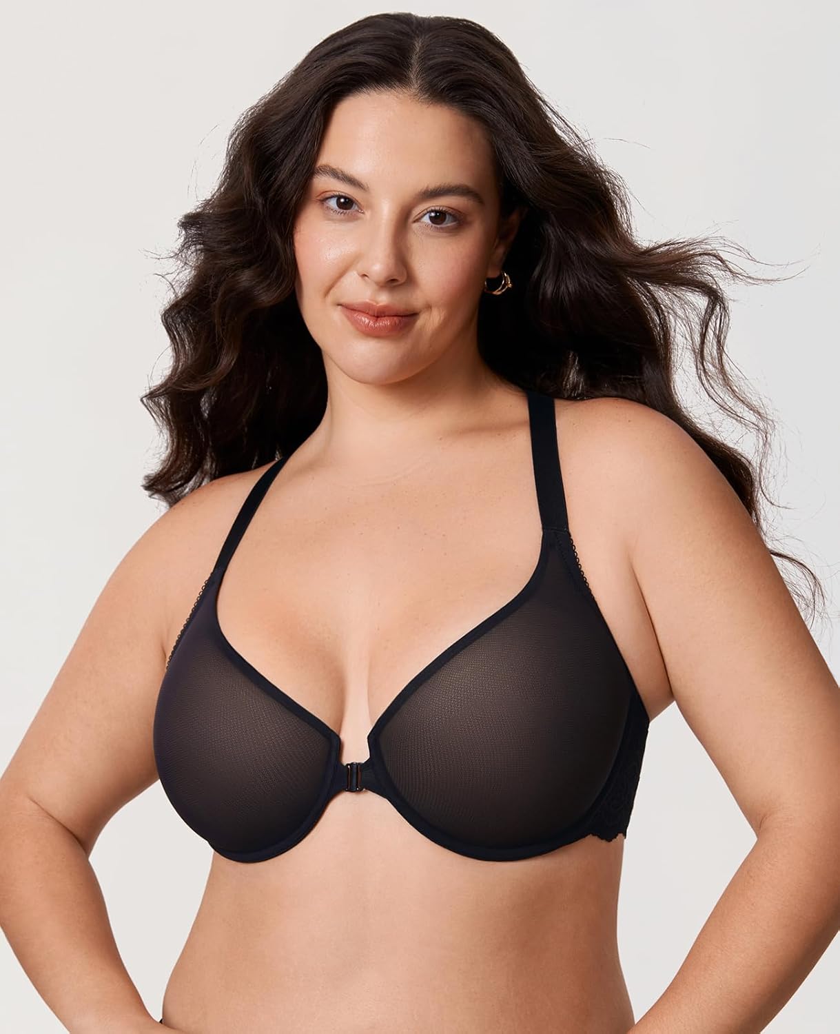 DELIMIRA Women's Front Closure Racerback Bra Sheer Mesh Plus Size Full Coverage Underwire Unlined Bras - Image 5