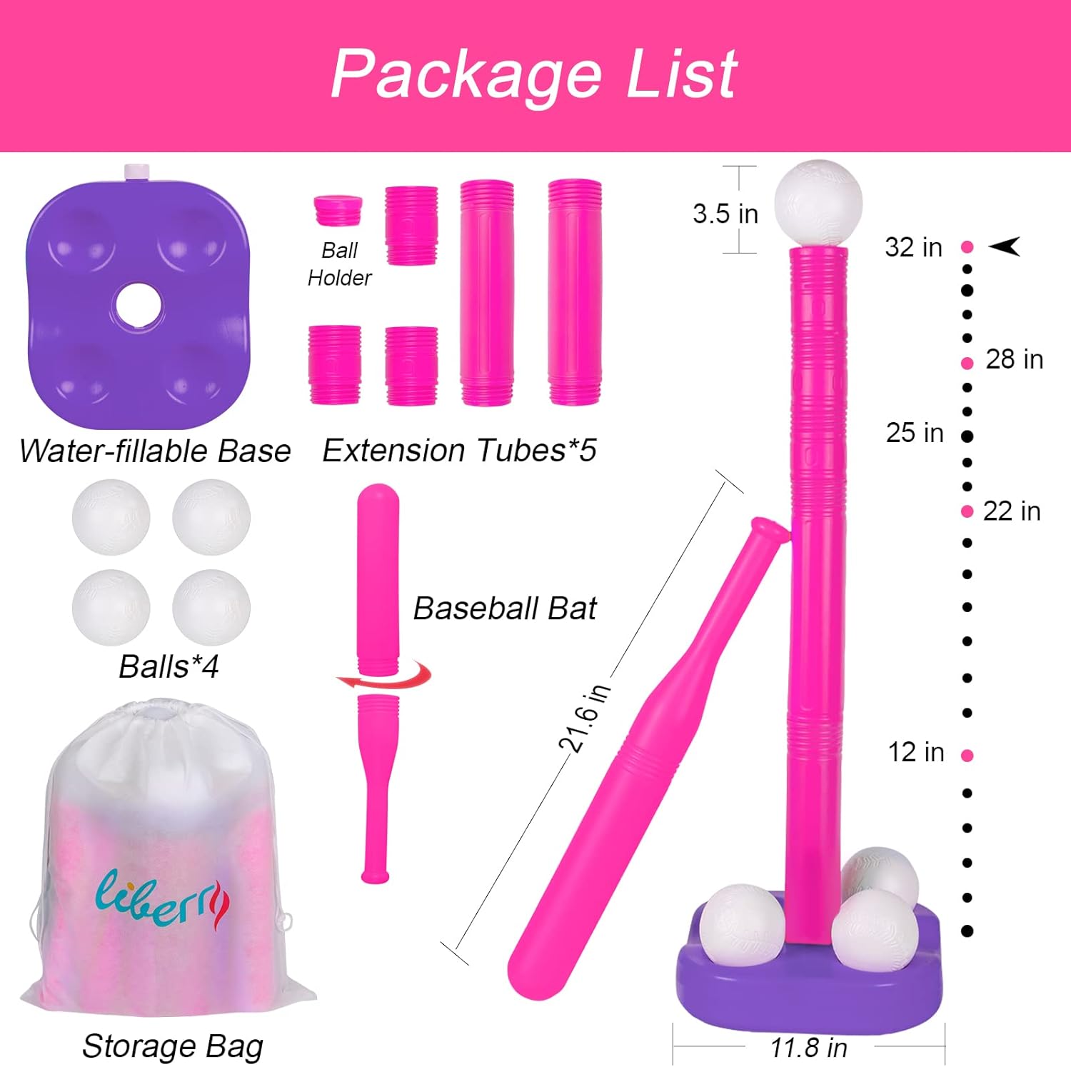 Liberry Tball Set for Toddlers with Adjustable Height Tee Ball Stand, Weighted Base and Kids Baseball Bat, Sports Game Toys Christmas Birthday Gift for Boys Girls Ages 3 4 5 (Pink)