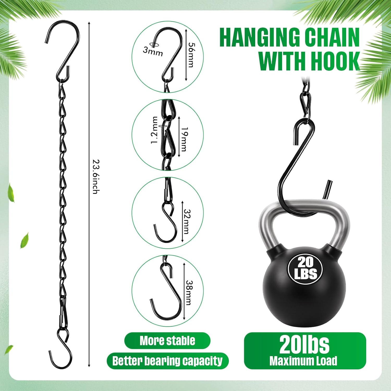 EBOOT 2 Pcs Hanging Chain for Bird Feeders, Planters, Lanterns and Ornaments (23.6 Inch,Black)