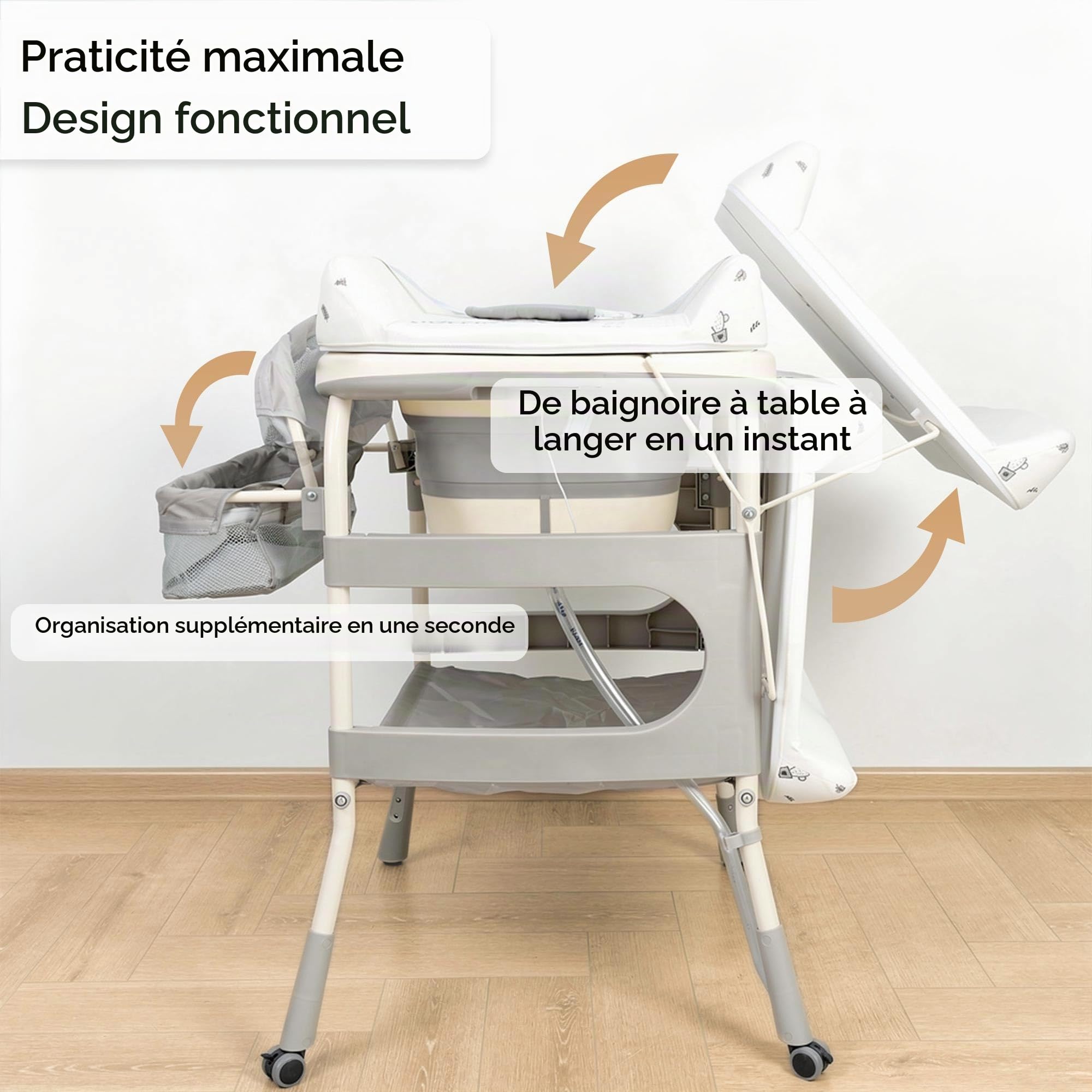 Table à langer avec baignoire pour bébé pliable avec roulettes et organiseur