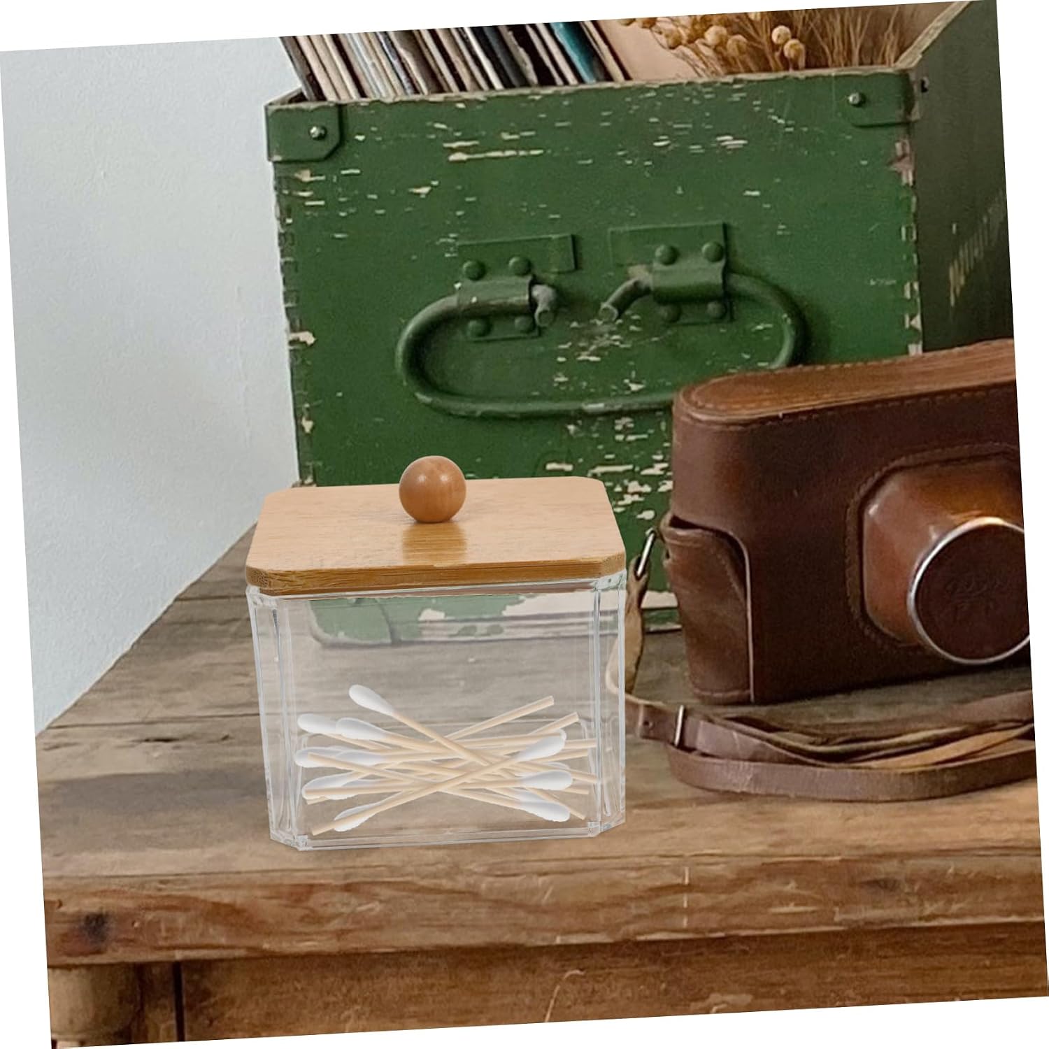 Cabilock Transparent Cotton Pads Holder with Wooden Lid Stylish Vanity Organizer for Cotton Swabs and Makeup Pads Space Saving Design for Tidy Storage and Easy to Clean image 2