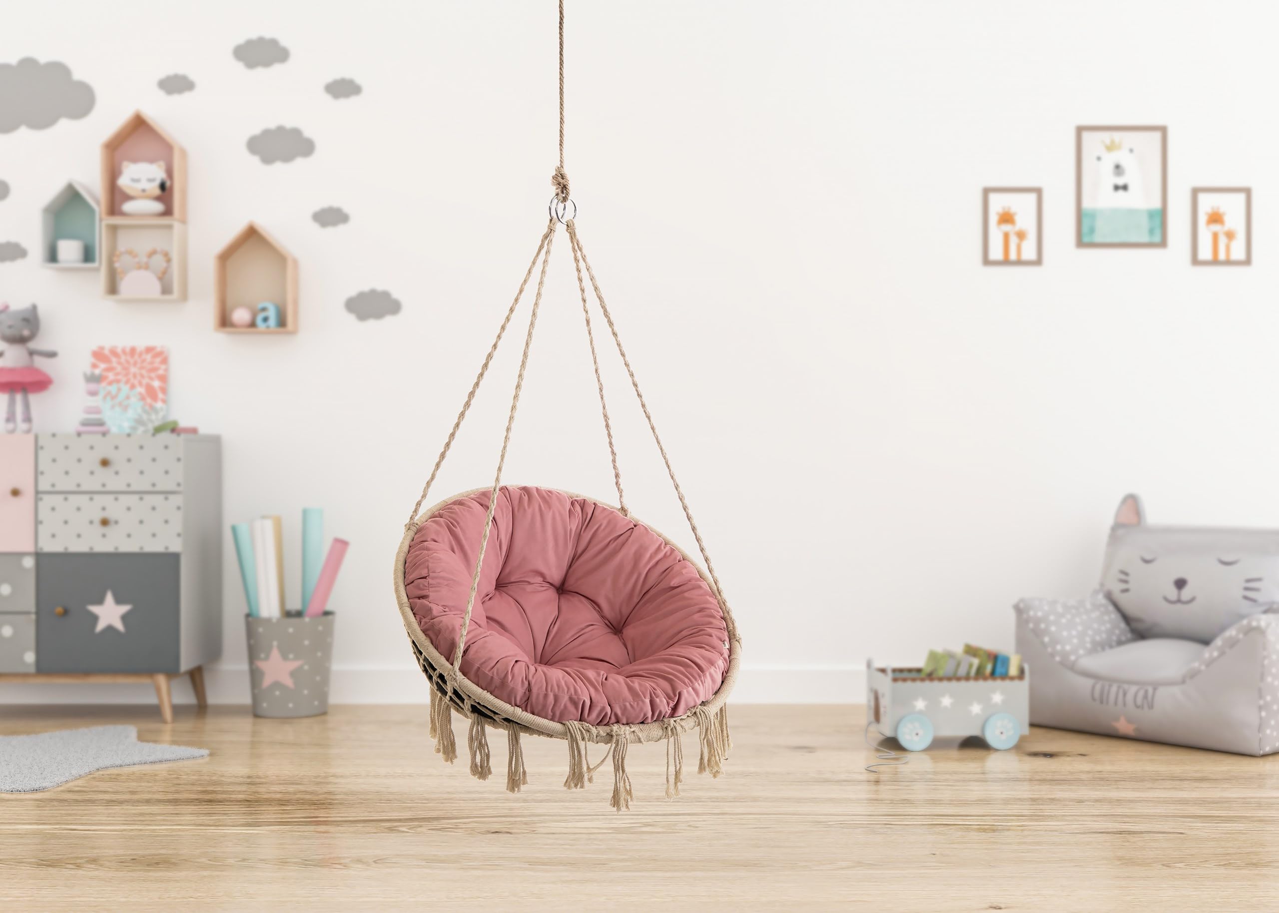 PillowPrim Velvet Kissen für Hängesessel, Sitzkissen für Stuhl, Hängekorb Sessel, Indoor Kissen, Waschbar Auflage, Rund, Swing, Schaukelkissen, Rosa, 92 cm