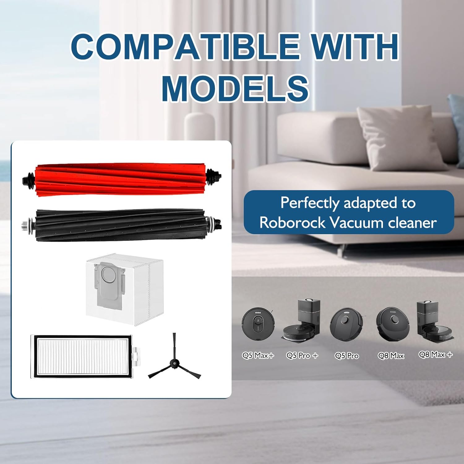 Q5 Max+ Replacement Parts for Roborock Q5 Max+,Q5 DuoRoller+, Q8 Max+ /Q8 Max,Q5 Pro+ /Q5 Pro Vacuum Cleaner,1 set Main Brush,2 HEPA Filters,4 Side Brushes,4 Dust Bags