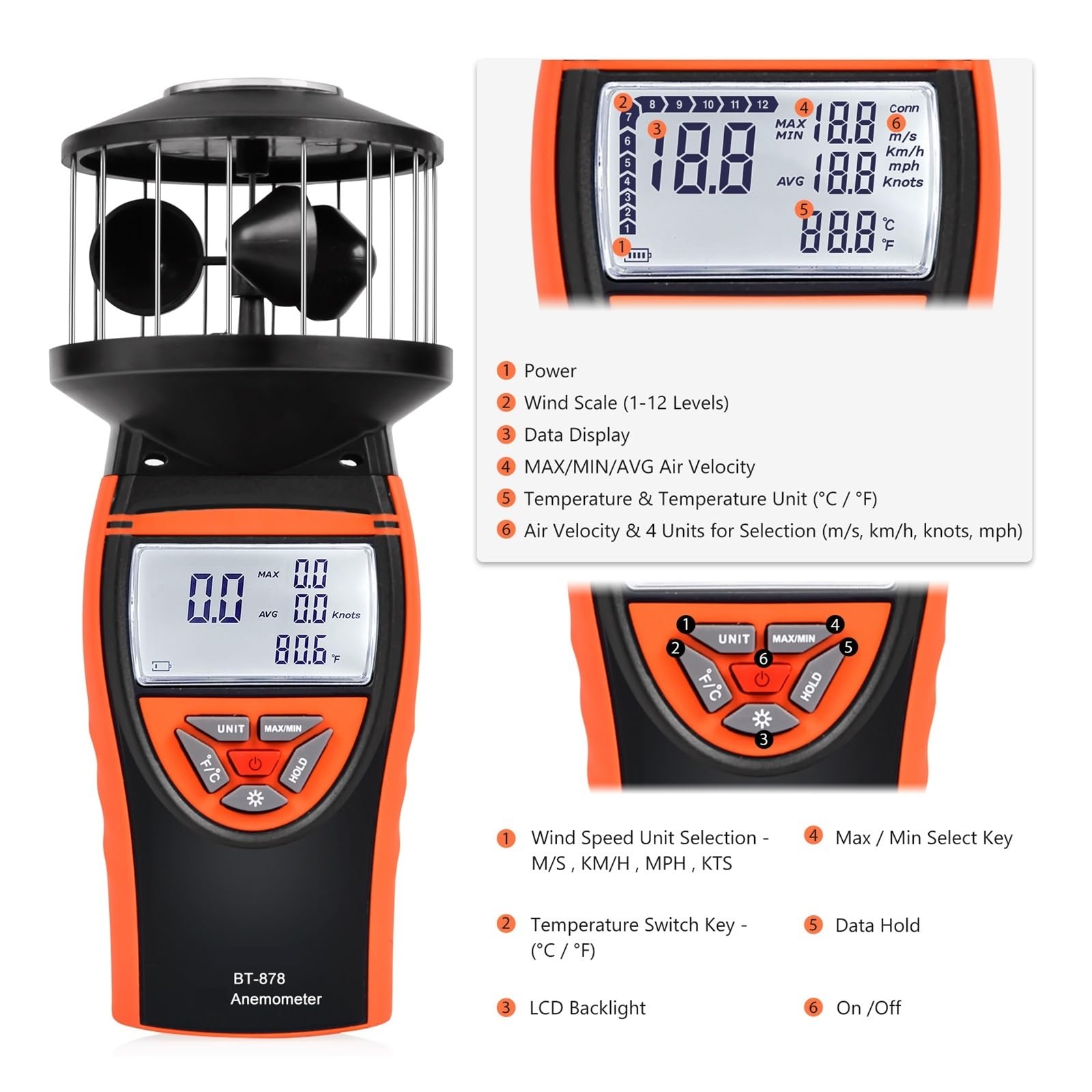 Anemómetro de mano Anemómetro Digital For Exteriores, Medidor De Velocidad De Copa De Viento Medidor De Viento De Alta Precisión Medición De Velocidad Y Temperatura Del Viento