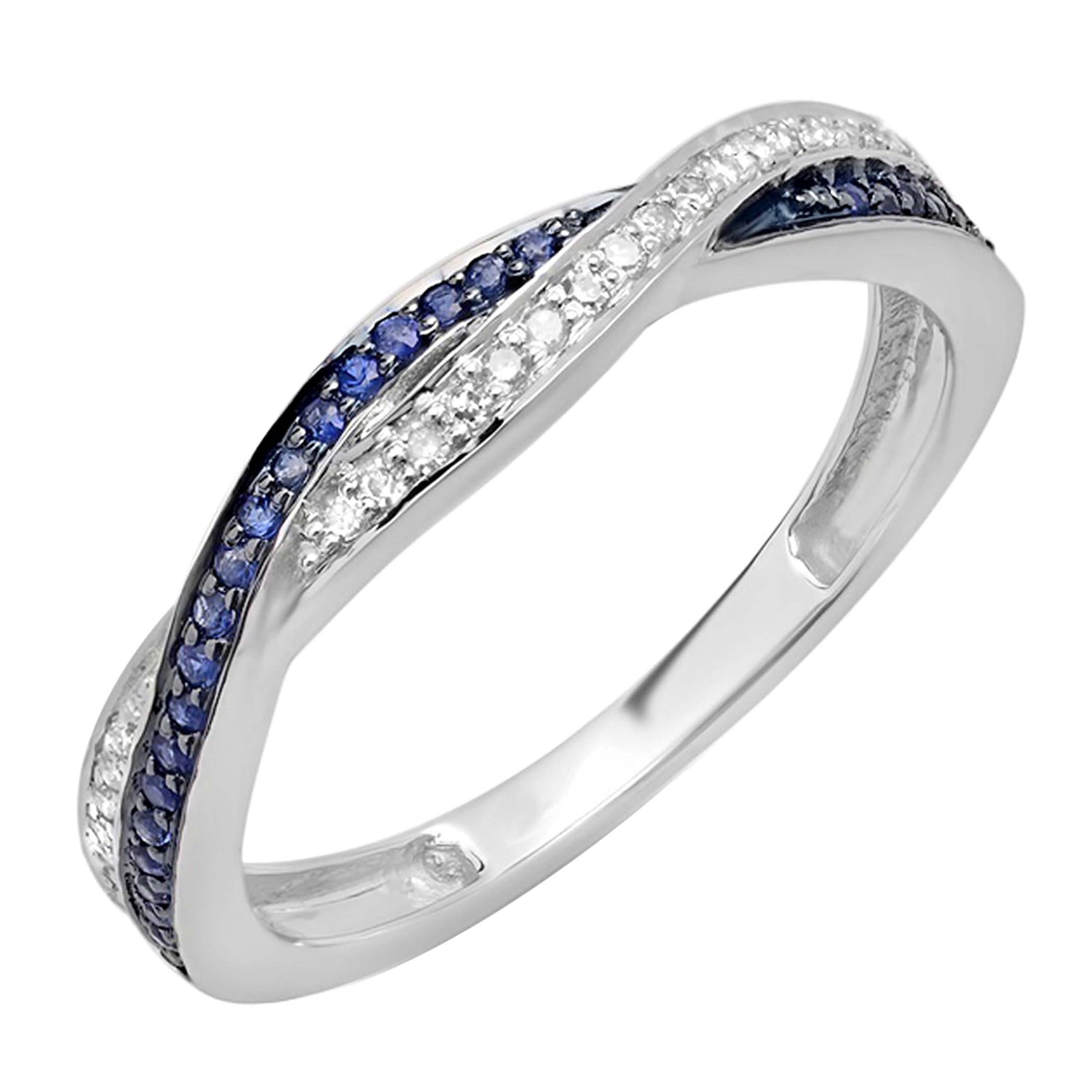 10 K oro redondo diamantes y azul Sapphire, apilable aniversario banda de boda Swirl anillo
