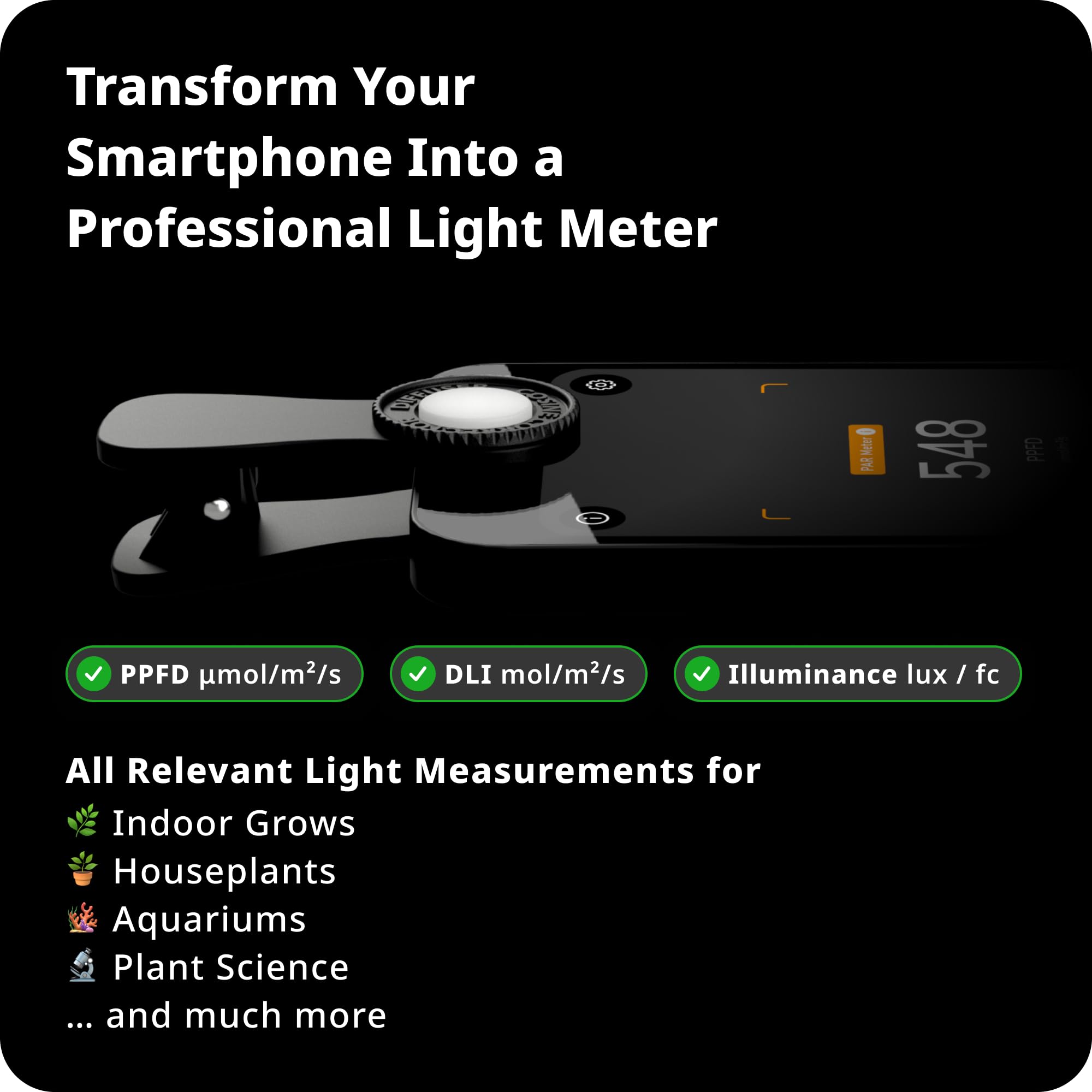 Lightray - Probador de luz y PAR móvil | PPFD, DLI basado en smartphone, medidor de iluminación con aplicación Fotona