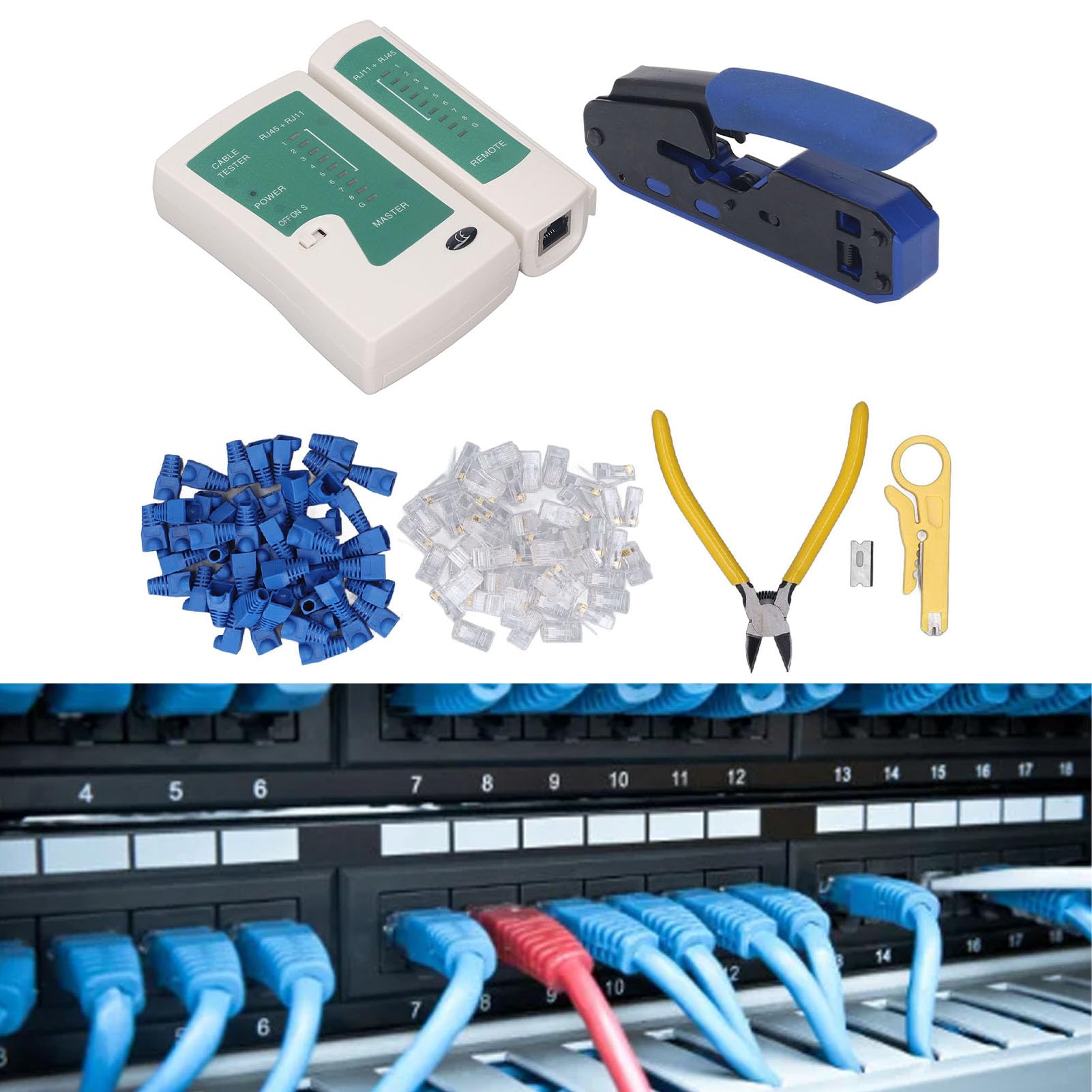 Kit d'outils de sertissage RJ45, ensemble d'outils de sertissage avec testeur de câble réseau, tête de cristal 8P8C pour connecteur Cat5 Cat6, comprend une pince à dénuder, un