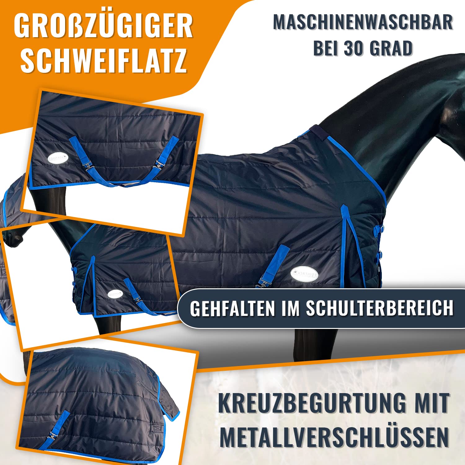 Equitack 1200D Winterdecke Pferd, 135cm | Regular Regendecke Pferd mit Fleece Lining | wasserdichte Outdoordecke Pferd | Füllung Navy
