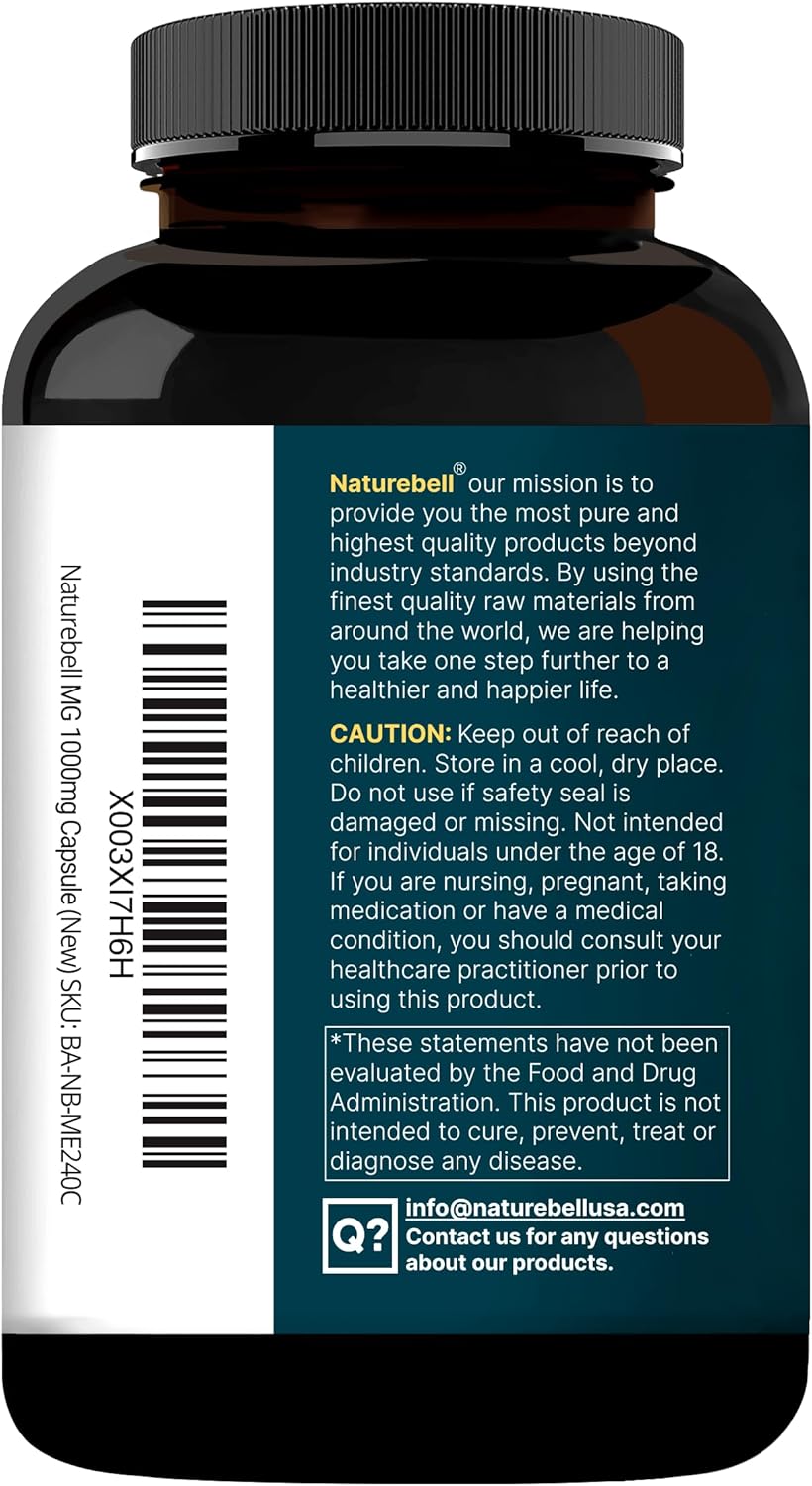 NatureBell Magnesium Glycinate 1,000mg, 240 Capsules | 500mg per Capsule | 100% Chelated & Purified | Sleep, Muscle & Nerve Support | Non-GMO, Gluten-Free - Image 8
