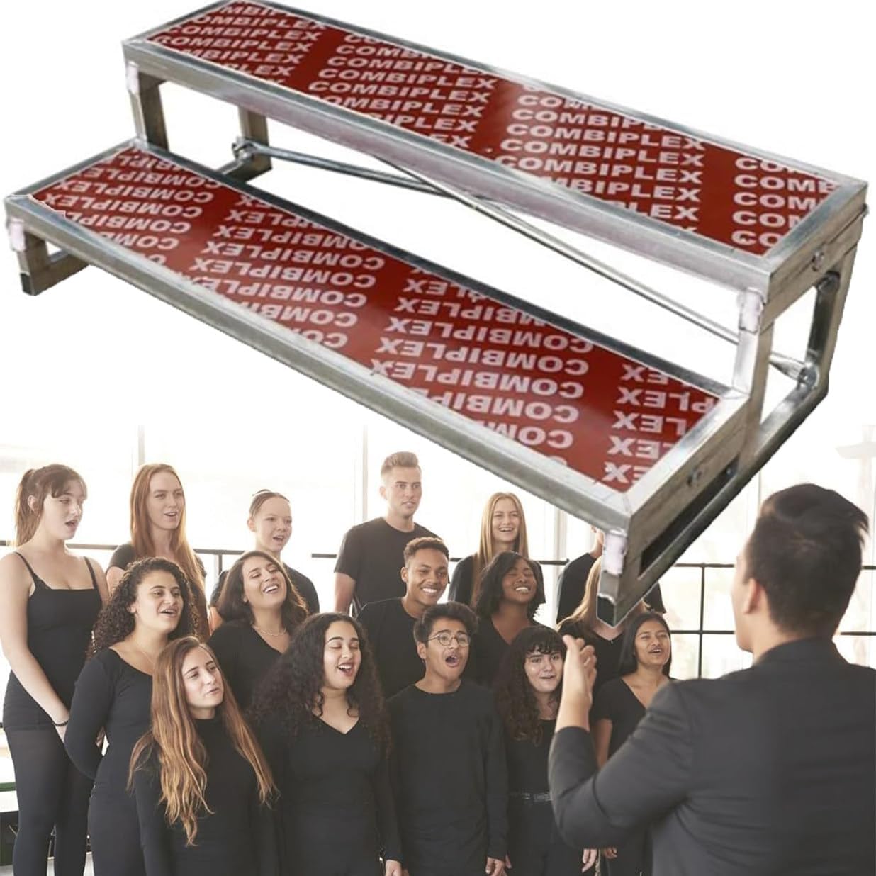 Heavy-Duty 2-Tier Choral Step Platform - Commercial Grade Staircase for Music Performances, Ideal for Choirs, Awards, and Speeches - Durable Podium Treads