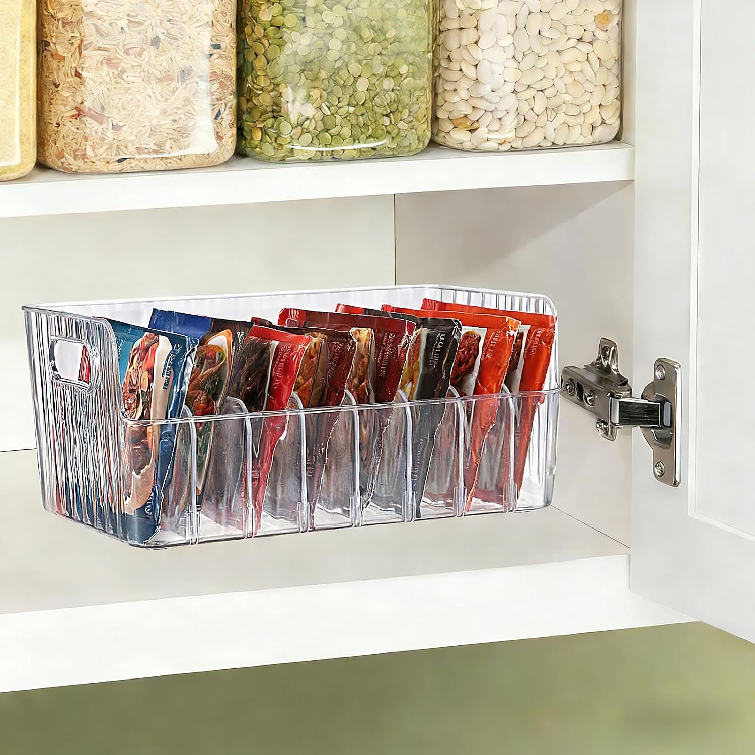 BSTKEY Seasoning Packet Organizer, Food Storage Organizer with Divided 8 Removable Compartments, Plastic Storage Caddy for Kitchen Pantry Cabinet, Kitchen Organization Bin for Snacks Spice Packets