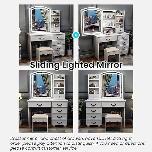 Miniatura 3 de Escritorio de tocador con espejo y luces, escritorio de maquillaje con espejo iluminado deslizante, escritorio de maquillaje de espejo estrecho con