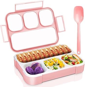 Lunch Box for Adults and Kids, Leak Proof 4 Compartment Lunch Box, BPA-Free, Microwave Freezer Safe Food Containers with Spoon