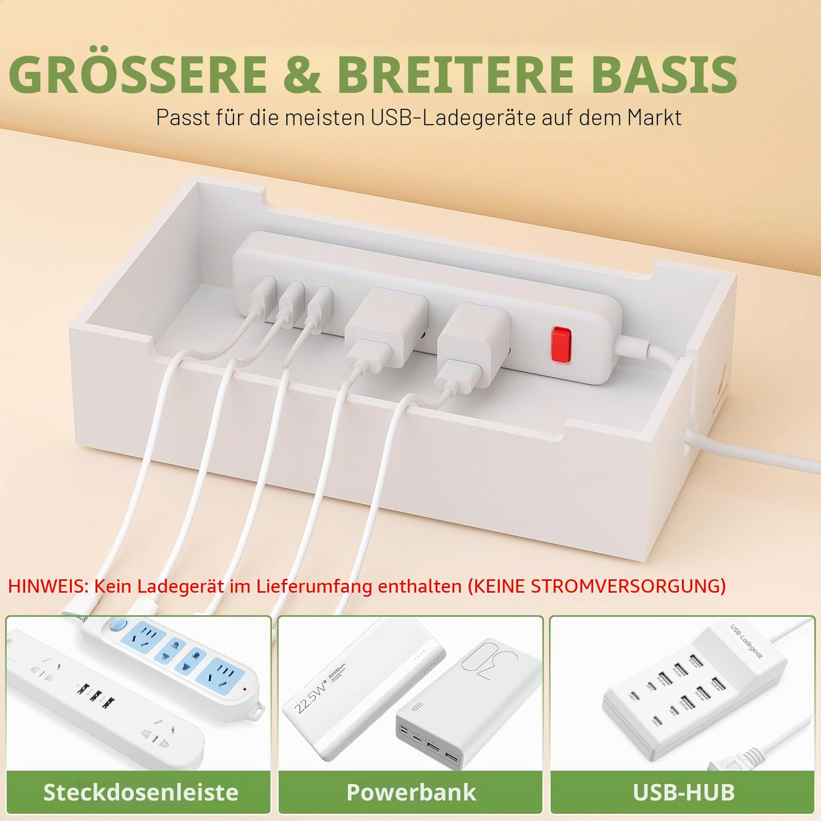 Pezin & Hulin Bambus-Kabel-Management-Box, Draht-Organizer für Kabel, Ladestation, Desktop-Dock-Organizer-Rack für elektronische Geräte (inkl. 6 Kabel) (ohne Netzadapter) – Natur + Weiß