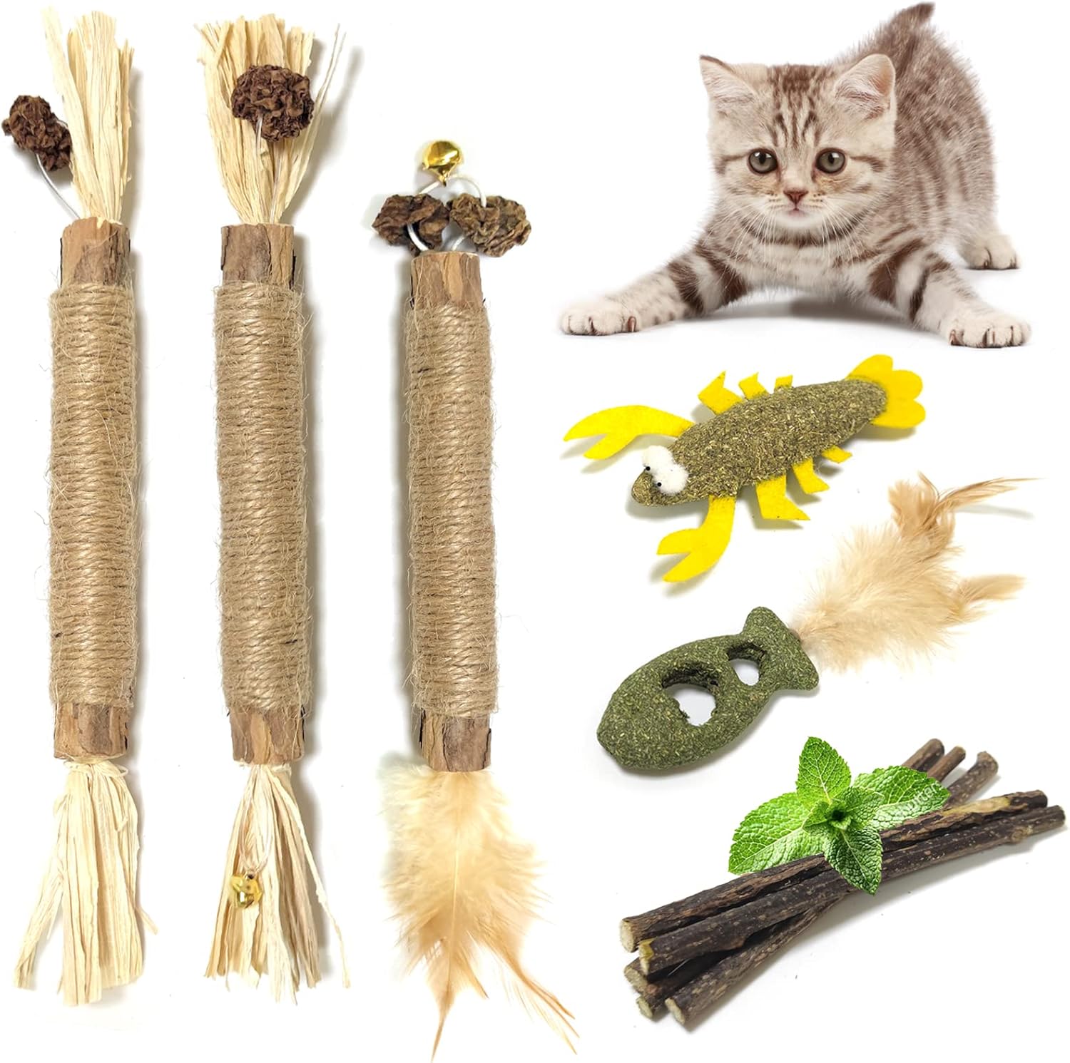 10 Pcs Cat Chew Toys, KABB Cat Chew Sticks, Catnip Toy Mint Fish&Lobster and