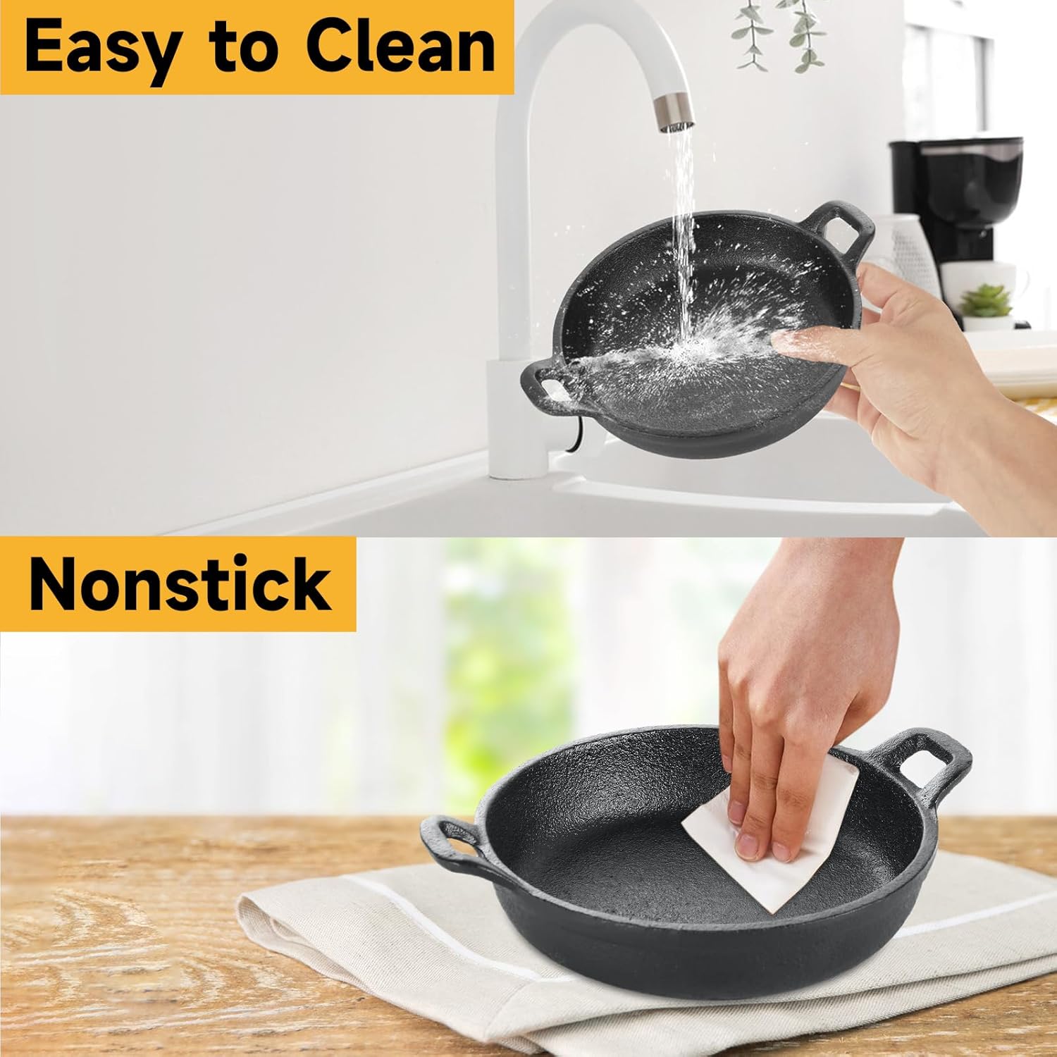 4 Pack Mini Cast Iron Skillet, 6.3 x 6.3 x 1.5 Inch Small Cast Iron Frying Pan with Handle, Pre-Seasoned Cast Iron Skillet Set, Black Casserole Dish for Kitchen, Indoor, Outdoor, Picnic