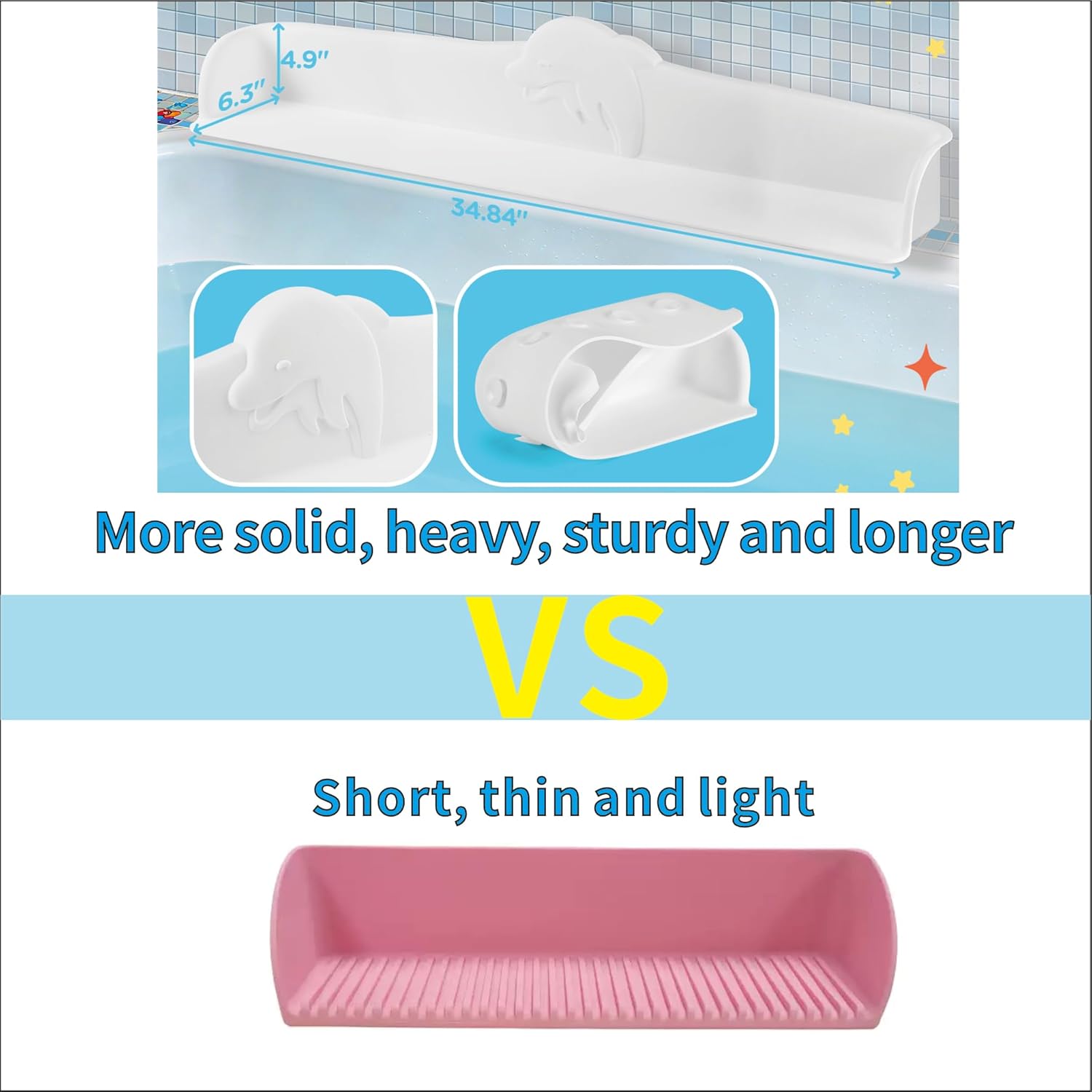 3FT Dolphin Pattern Bathtub Splash Guard Play Shelf for the Wide &Straight Bathtub Edge Toy Tray Caddy Holder Storage Suction Cups Attach to Bath Tub No Mess Water Spill in Bathroom (White)