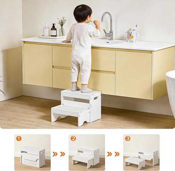 HOOBRO Kinderhocker Set, zweistufiger Tritthocker Kinder, Hocker Kinder, Küchenhelfer Turm, Kinderschemel mit Griffen und Antirutschstreifen, separat nutzbar, für Badezimmer, Küchen, Weiß EWT16JD01 - 5