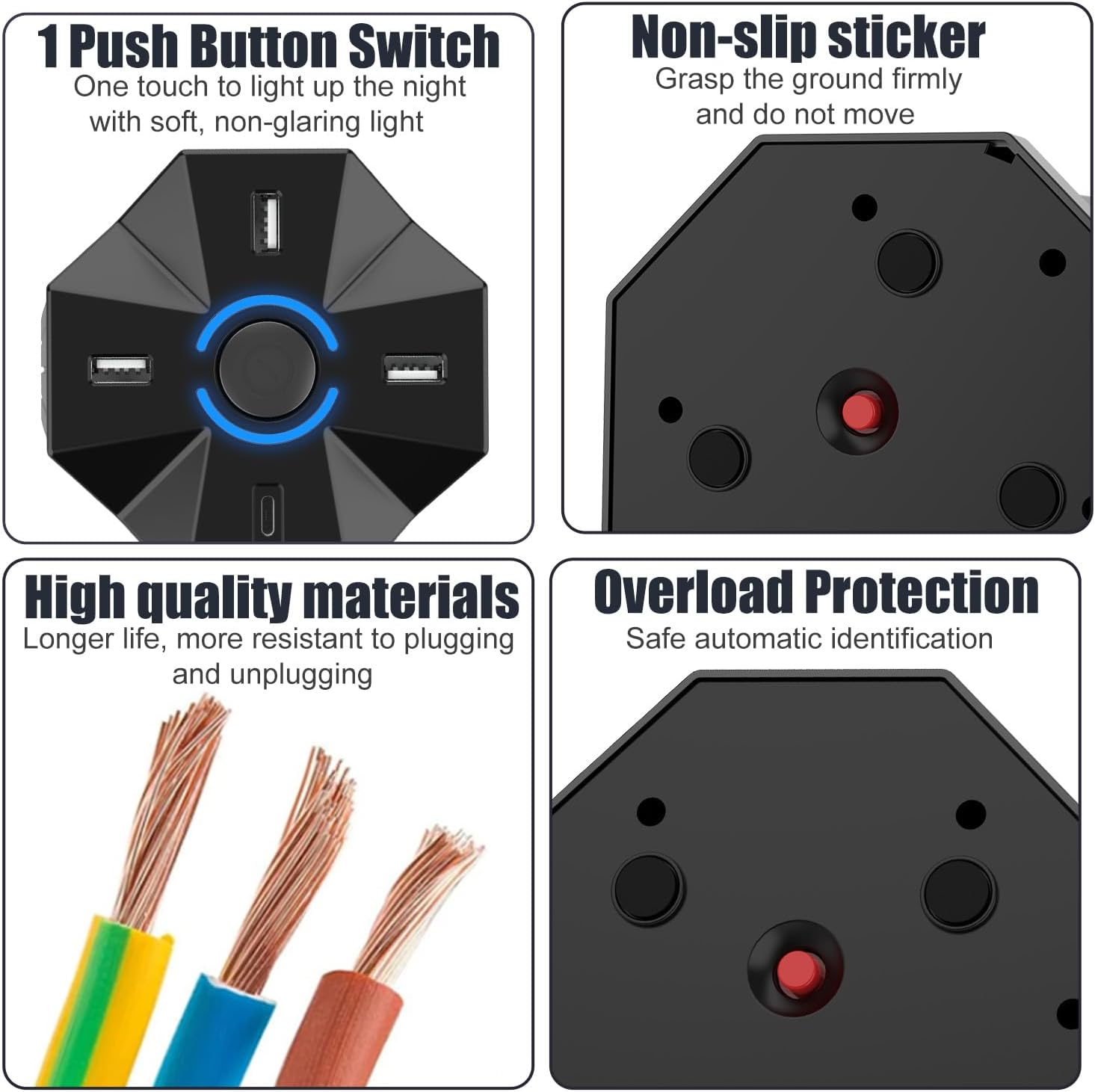HITRENDS Black Tower Power Strip with Surge Protection | 8 AC Outlets + 3 USB +Type-C Ports | 6.5Ft Extension Cord with Multiple Outlets | Space-Saving Design with Small Night Light for Home & Office