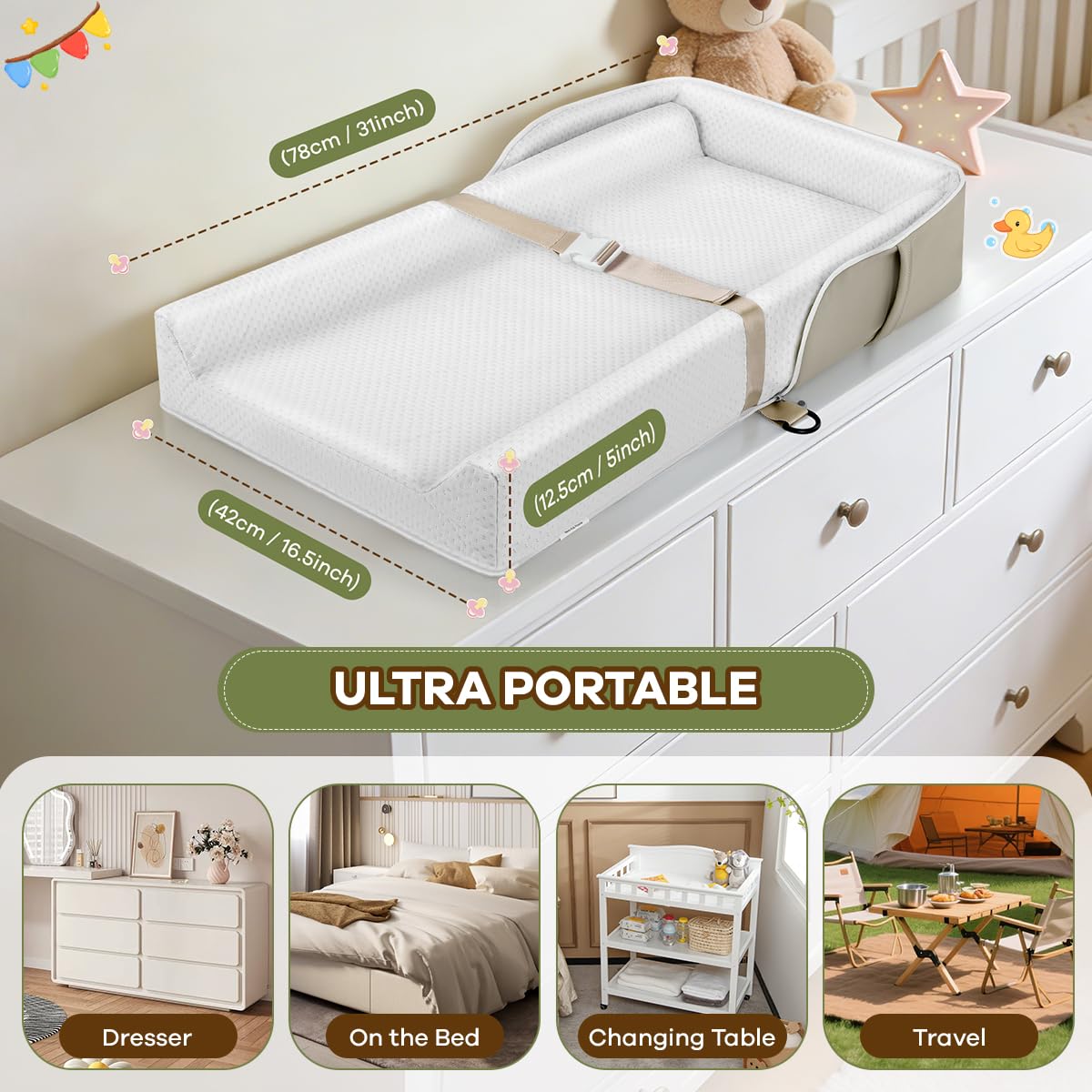 Baby Changing Pad, Portable Diaper Changing Mat for Baby & Toddler, Non-Slip Washable Changing Table Pad for Dresser Top & Table, Foldable Travel Changing Station