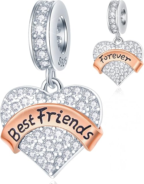 CRISNATA Family Theme Pave Heart Pendant Charms with Clear CZ, 925 Sterling Silver Rose Gold Ribbon Beads, fits European Mothers Day Bracelet, Gifts for Mother/Wife/Friends