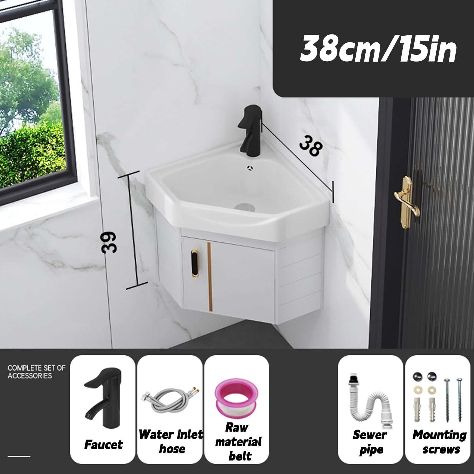 Zlew narożny do montażu na ścianie - 42 cm ceramiczny zlew na cokole z kranem i odpływem oszczędzający miejsce pływająca szafka łazienkowa do małych przestrzeni nowoczesny design do