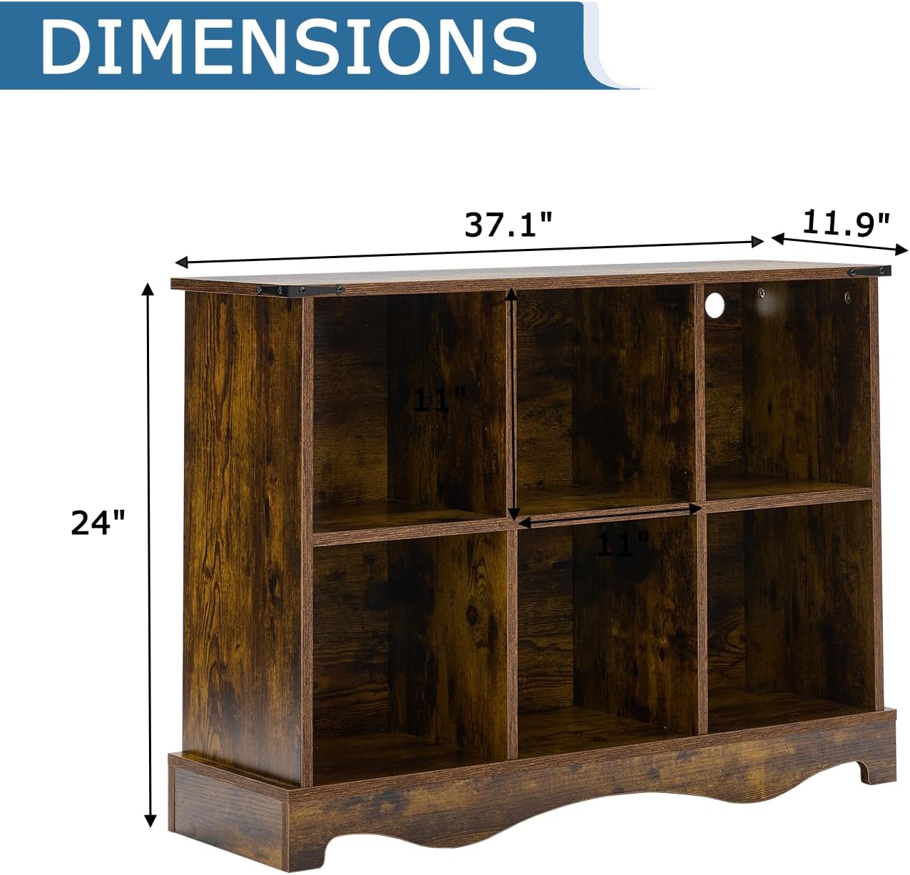 6 Cube Storage Organizer Bookcase, Long Horizontal Wood Bookshelf with Open Compartments, Multi-Purpose Cube Shelf, Hallway TV Stand for Living Room, Bedroom, Entryway, Brown