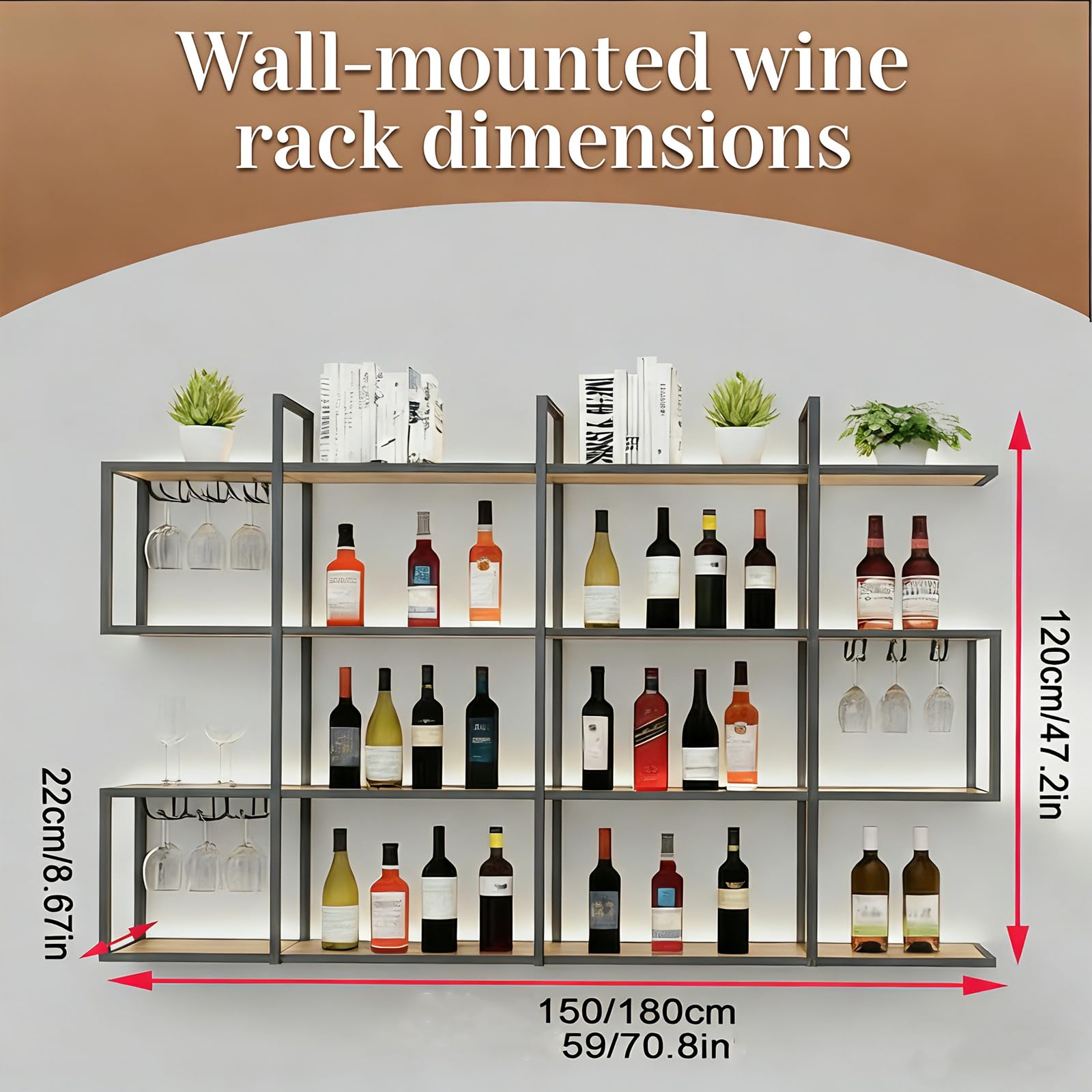Botellero de Pared Metálico de 4 Niveles con Luz LED, Botellero Industrial de Pared para Vino, Soporte Vertical para Botellas y Copas para Bar, Cocina y Decoración del Hogar(Negro, 180cm)