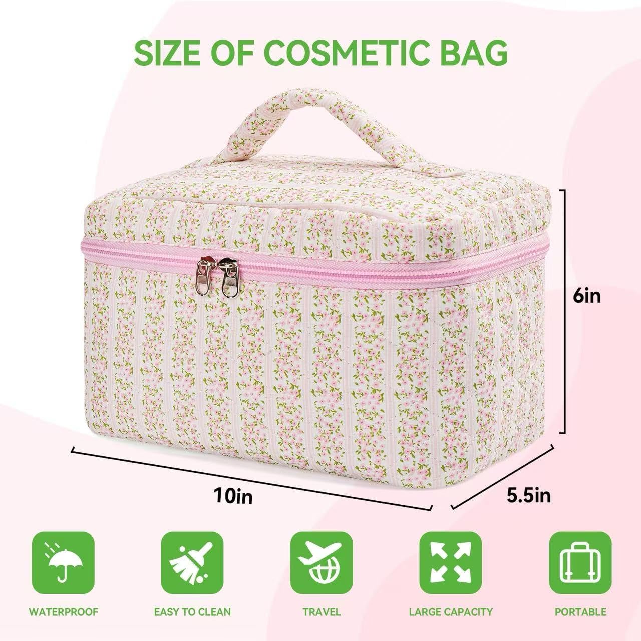 Large Travel Quilted Makeup Bag,Cute Bow Cotton cosmetic bag, Fashionable aesthetic makeup bag,Coquette Aesthetic Floral Travel Toiletry Bag for Women and Girls - Image 3