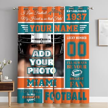 Custom Miami Blackout Curtains, Personalized Football Curtains with Name and Number, Customized Window Drapes Set of 2 Panels for Bedroom Decor