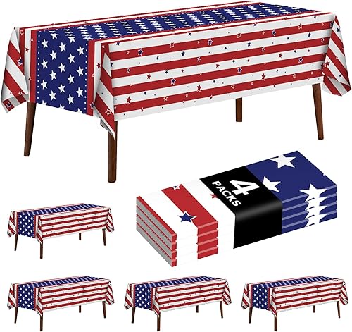Paquete de 4 manteles con la bandera estadounidense, manteles patrióticos del 4 de julio (54 x 108 pulgadas), manteles desechables de plástico,