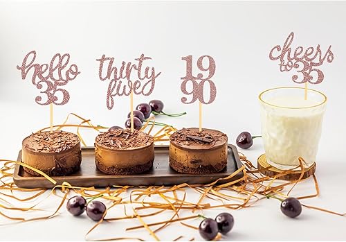 Miniatura 3 de 24 decoraciones para cupcakes de cumpleaños 35 con purpurina de 35 años, decoraciones para tartas de cumpleaños de 35 años (oro rosa)
