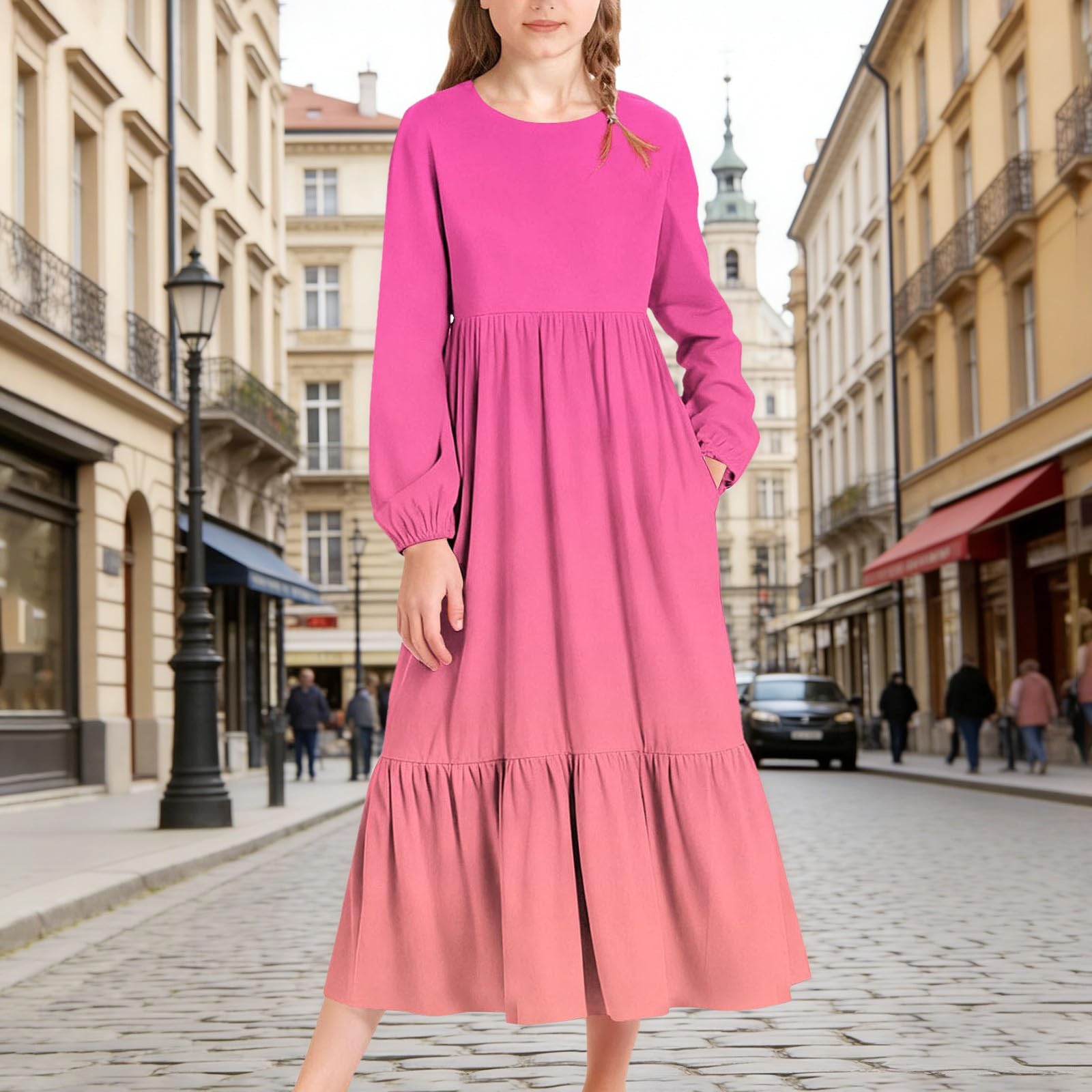Vestido de manga larga para niñas, casual, playa, vacaciones, vestido largo, para primavera, verano, cuello redondo, bohemio, acampanado, con bolsillos
