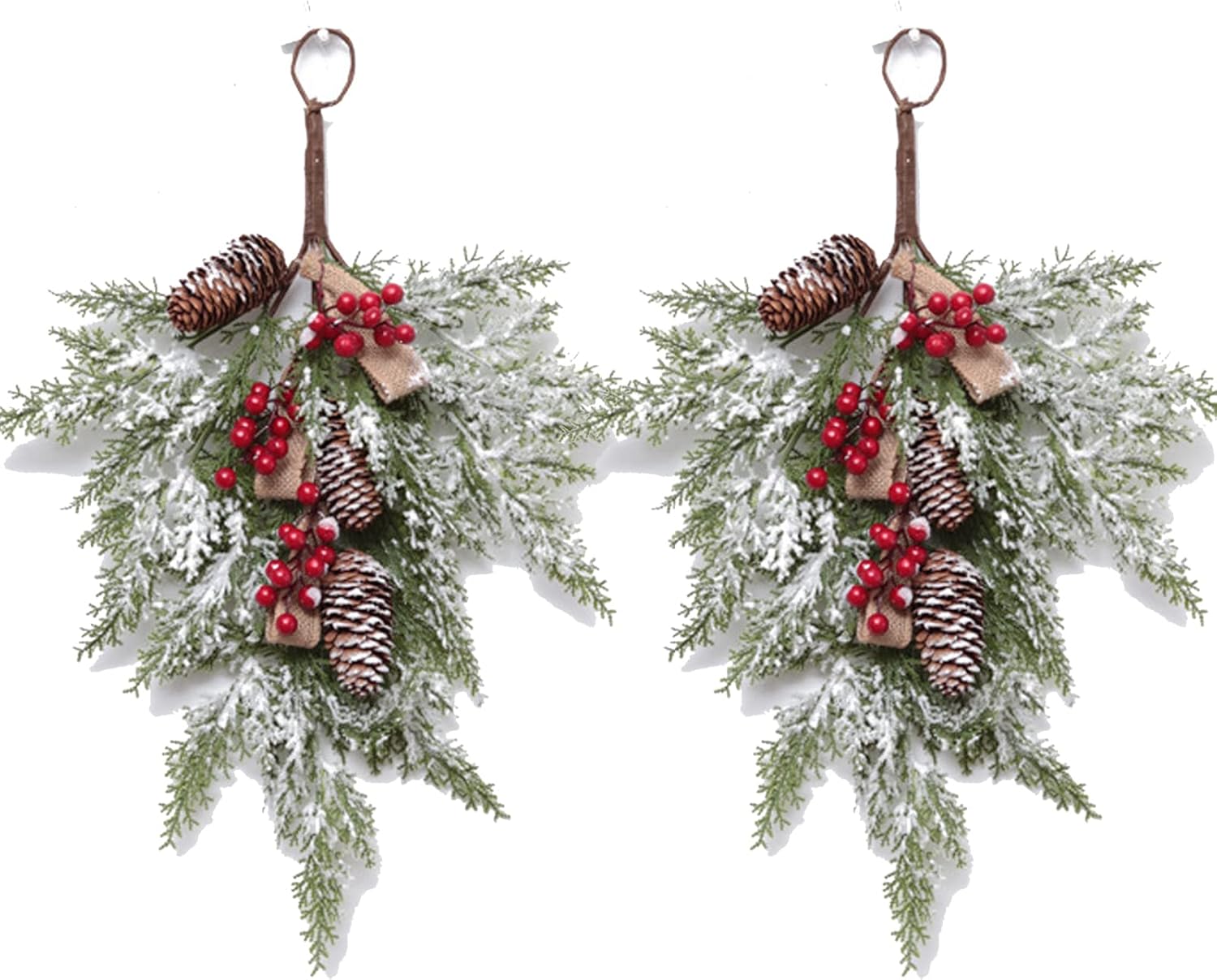 2PCS Artificial Christmas Teardrop Swag,Front Door Teardrop Floral Wreath with Red Berry with Pine Cones Decor,Christmas Swag for Christmas Home Decor