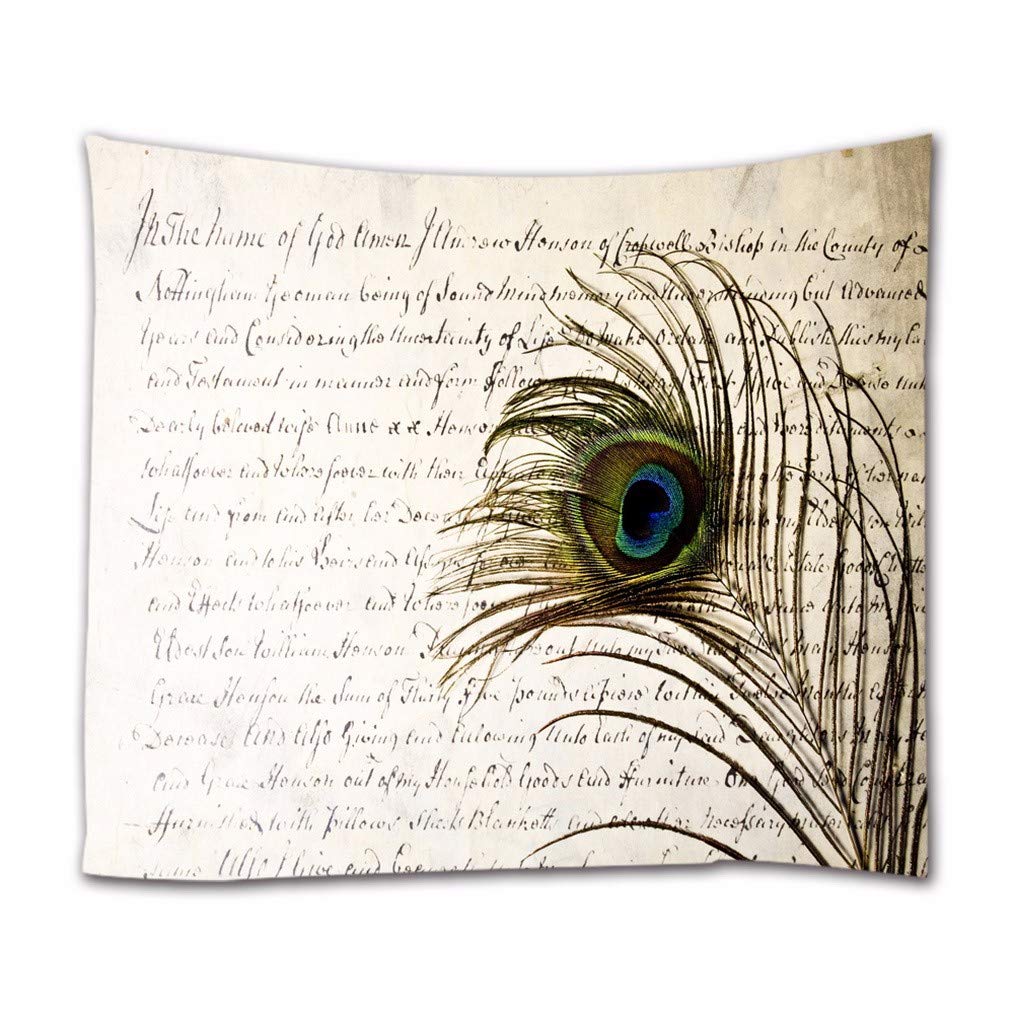 A.Monamour Vintage Peacock Feather Ancient English Script Writing Art Print Fabric Wall Hanging Tapestry Wall Decors For Bedroom Living Room 180X200Cm/71 X80
