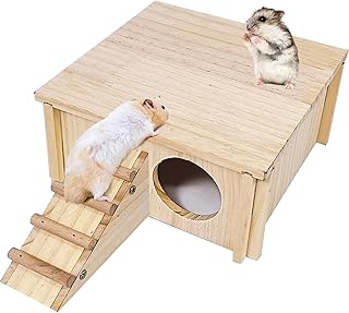 Hamster Wooden House with Ladder Small Animal Hideout Activity Platform Exercise Climbing Hut Natural Living Wood Room for Hamster Gerbil Mice Rat