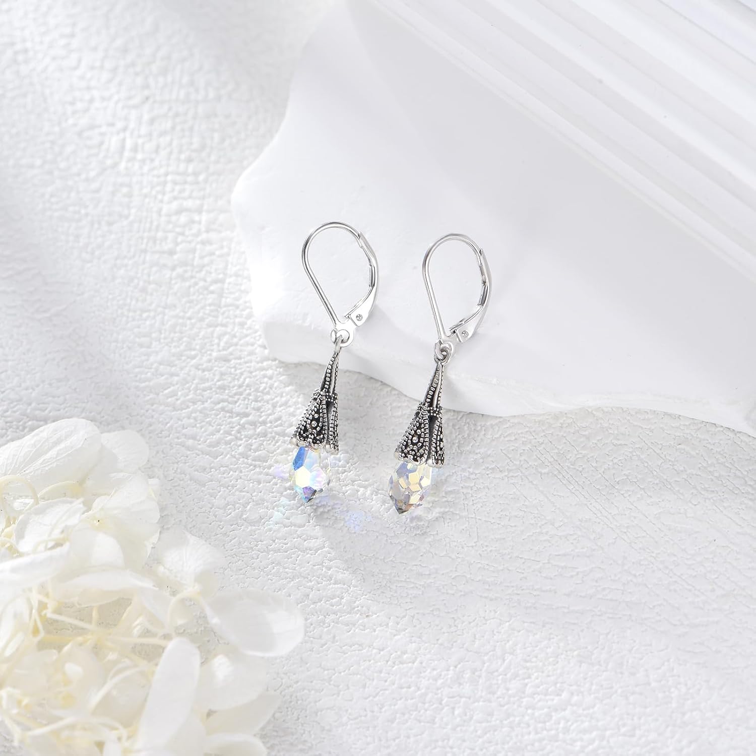 Aurora Borealis Crystal Earrings 925 Sterling Silver Vintage Retro Oxidized Dangle Leverback Earrings with 11mm Teardrop Austrian Crystal Birthday Jewelry Gifts for Women - Image 3