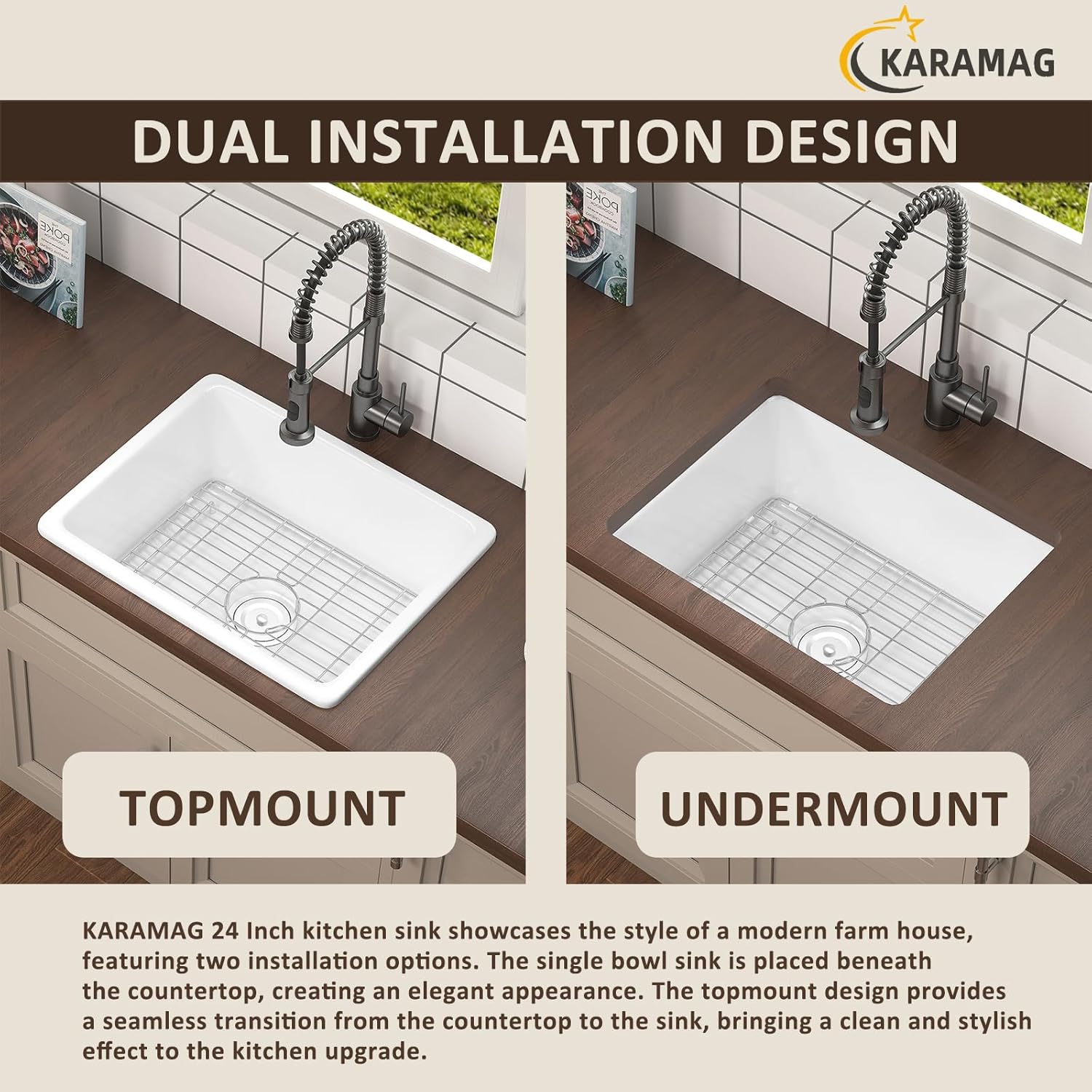 24 Inch Farmhouse Kitchen Sink, White Fireclay Drop In Undermount Sink, Rectangular Topmount Bar Sinks, Deep Single Bowl Sinks for Small Space with Drainboard & Strainer