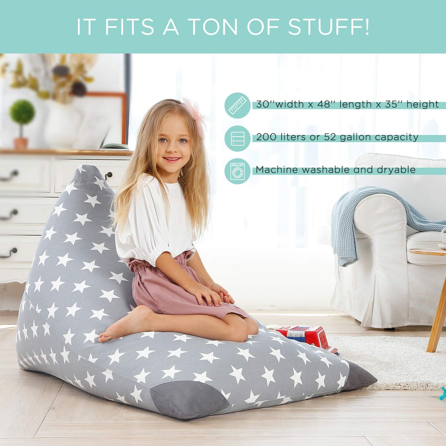Aubliss Stuffed Animal Storage Bean Bag Chairs Cover, 50"x 35" Extra Large Bean Bags Chair for Kids & Adults, Beanbag Toy Storage for Boys Girls - Premium Cotton Canvas Grey Star