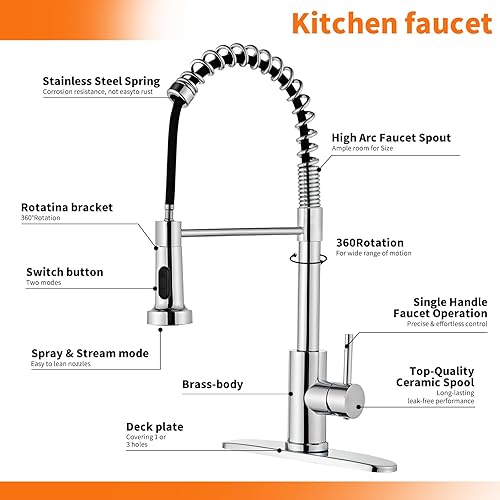 Miniatura 3 de Grifo de cocina cromado, grifo para fregadero de cocina con rociador extraíble, grifo de cocina LOUEVIDO con placa de cubierta de acero inoxidable,