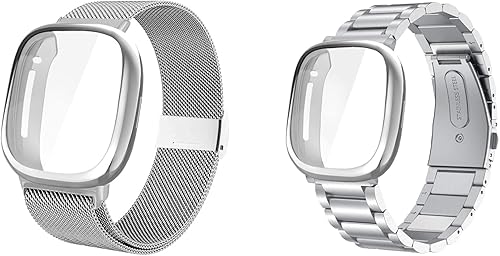 Maxjoy Compatible con correas Fitbit Sense/Versa 3, correa de metal de acero inoxidable Versa3 con funda protectora compatible con reloj Fitbit