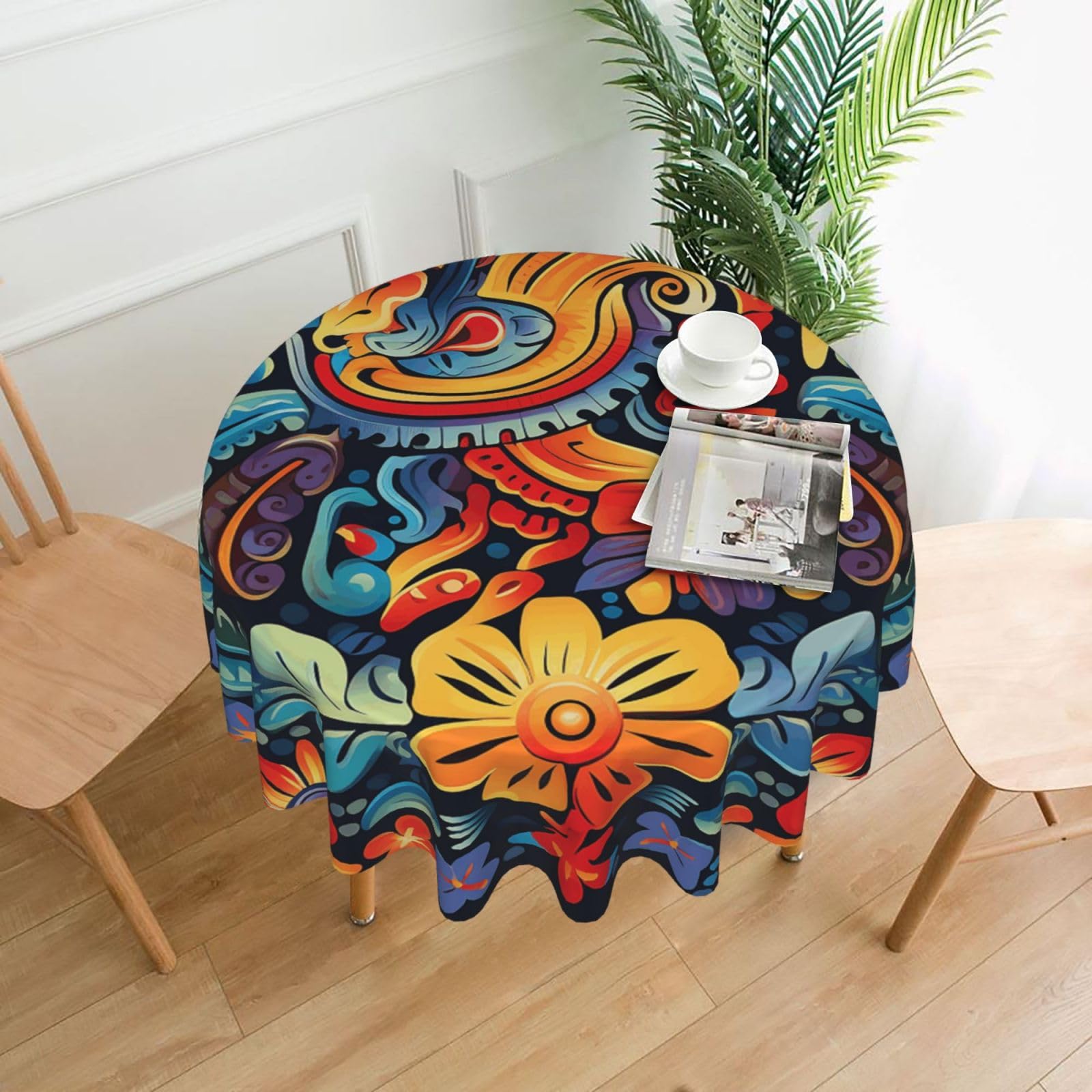 Fodpand Black Mexican Tablecloths For Round Tables 60 Inches - Reusable And Washable Kitchen Table Clothes Decorative Table Cover For Dining Tables, Buffet Parties, Wrinkle Resistant