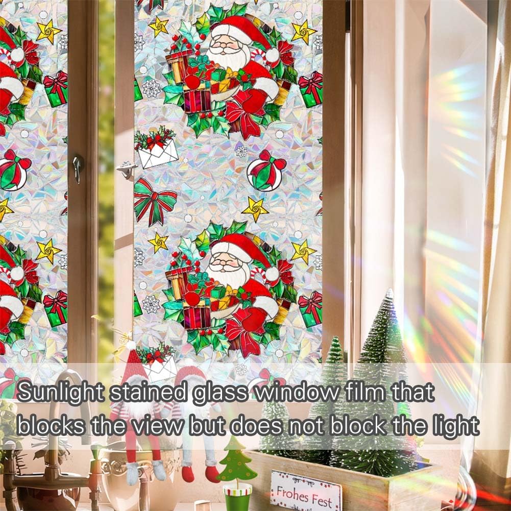 JOONOR Retro Christmas Window Privacy Film,Stained Glass Window Film Christmas Santa Claus Privacy Rainbow Decals Living Room Sun Blocking Decor Removable Static Cling Stickers,16.93 x 39.37 Inch image 2