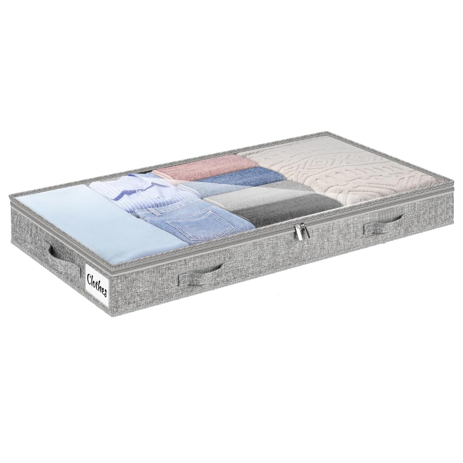 House of Quirk Under Bed Storage Drawer 48 Litre, Lightweight Underbed Clothes Storage Container Bin with Shallow Storage Bag for Dorm & Home, Clear Lid & Water-Resistant Fabric (Grey)