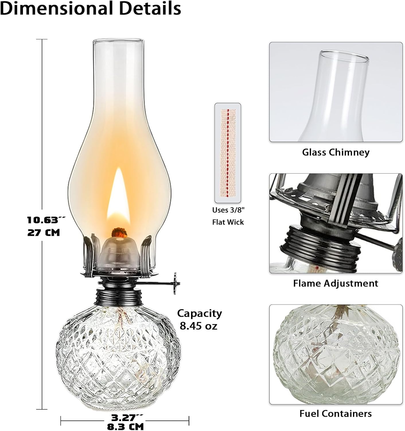 2 Pieces Rustic Oil Lamp Lantern Large Classic Kerosene Lamp Vintage Glass Kerosene Lamp Chamber Oil Lamps with 3/8" Lamp Wick for Indoor Use Home Decor Lighting Black
