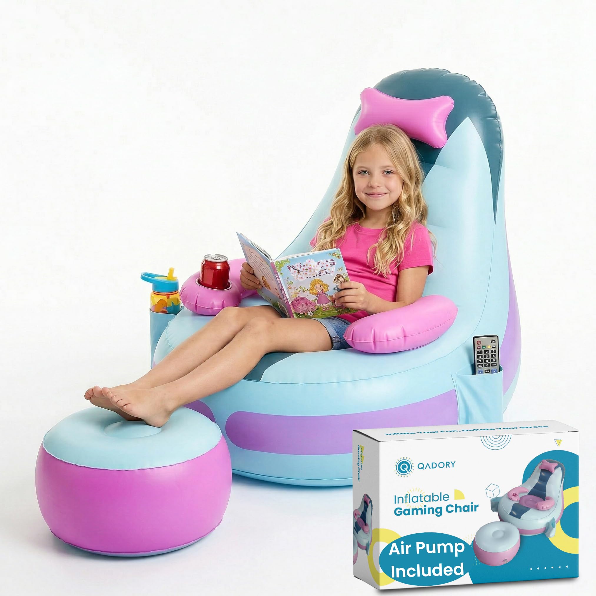 Qadory inflatable gaming chair with cup holder and pockets