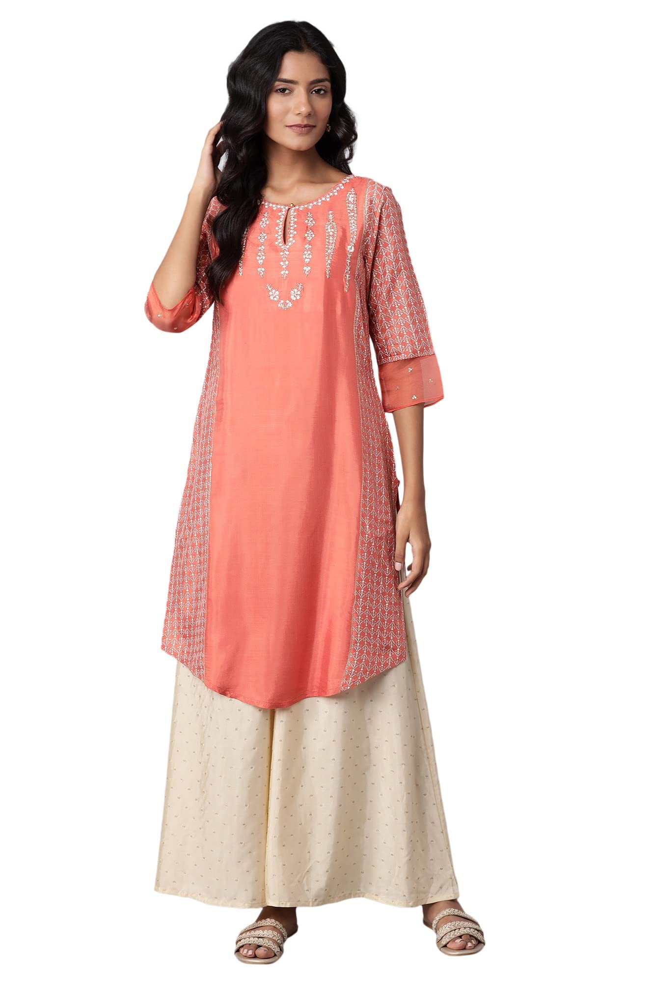 W for Woman Viscose Women Salmon Embroidered Straight Kurta