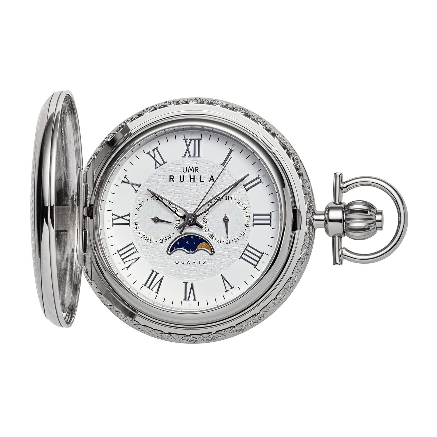 UMR RUHLA Taschenuhr TU-8613, Quarz, Mondphase, Edelstahl, Silber, Mineralglas